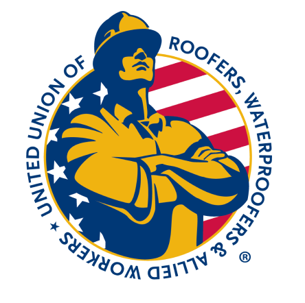 Logo of the United Union of Roofers, Waterproofers & All Other Workers, featuring a firefighter in yellow with crossed arms, wearing a helmet, against a background with red and white stripes and blue stars.
