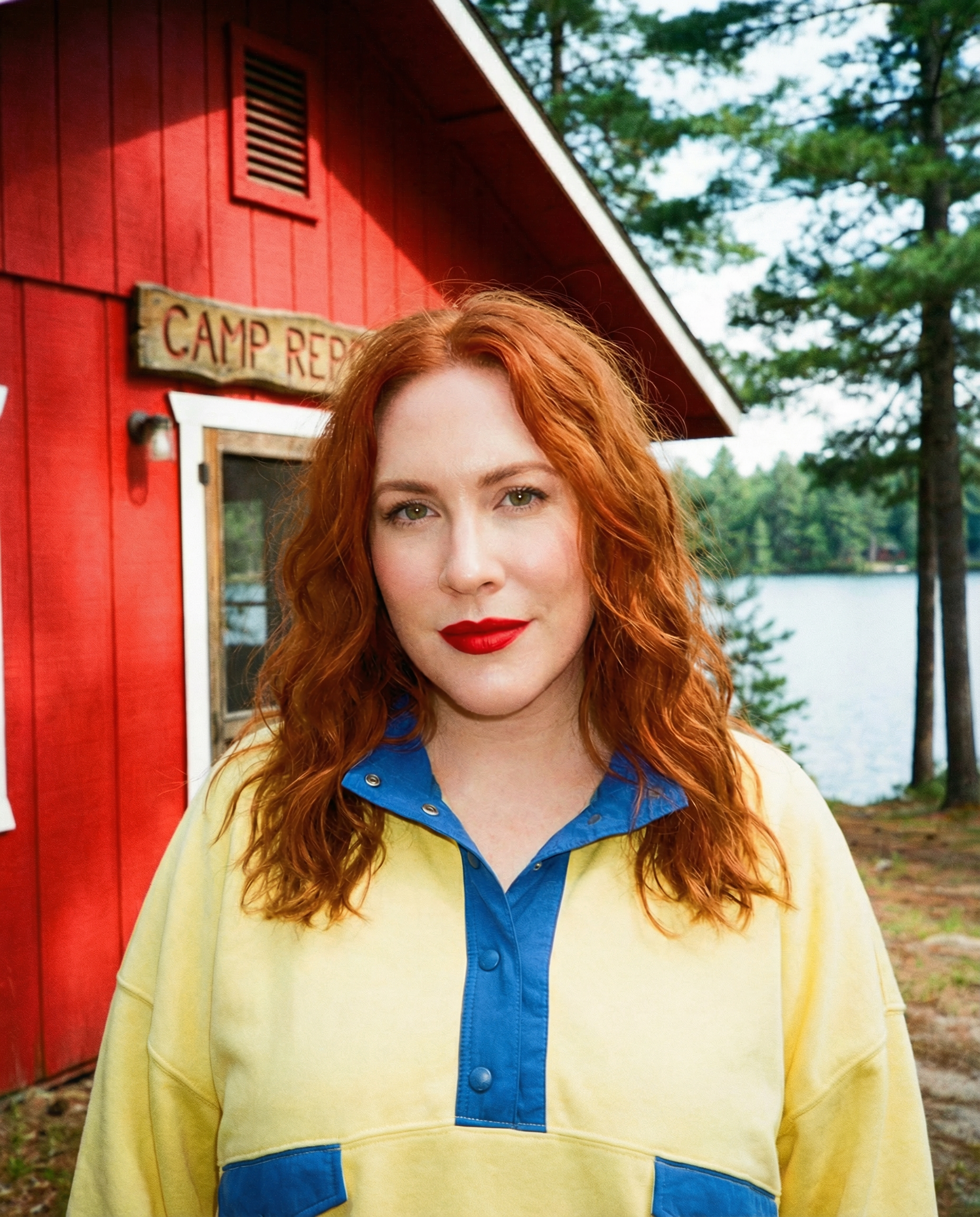 Laura Barrett Larkins standing outside in front of a red building with a sign that reads 'CAMP REP' in a forested area near a lake.
