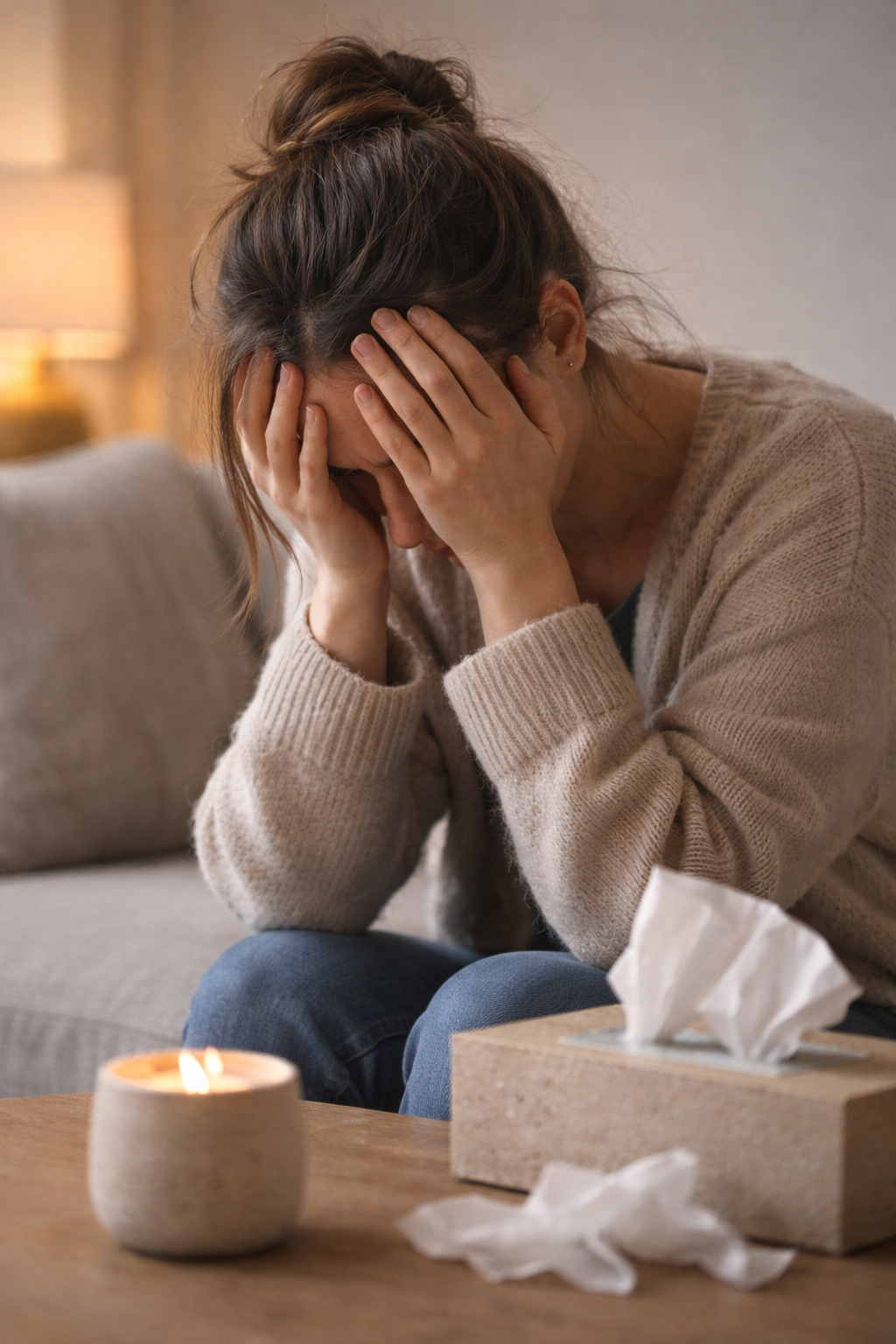 Una mujer con las manos en la cabeza, visiblemente angustiada, en un ambiente interior con luz cálida, con un envase de cerámica con vela encendida y una caja de pañuelos de papel en una mesa de madera.