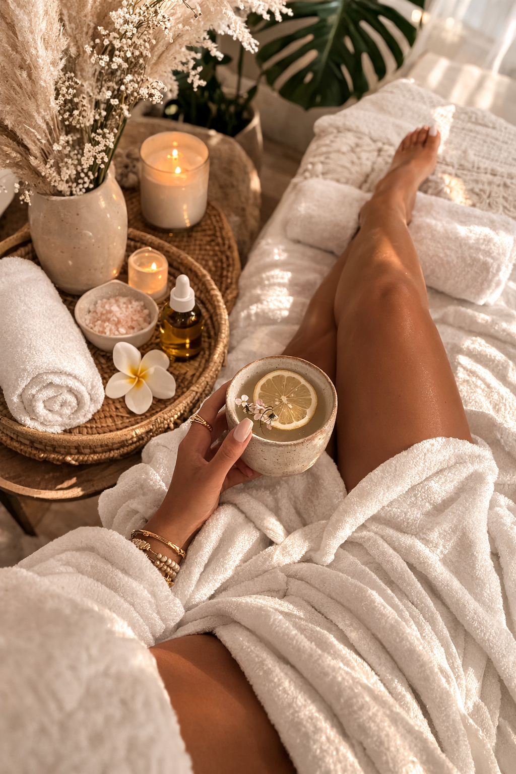 A person is relaxing in a spa or massage setting, lying on a bed or massage table covered with a white towel. They hold a cup with lemon slices and flowers, with their legs extended. Nearby, there is a tray with candles, a rolled towel, a small bottle of oil, pink Himalayan salt, a white flower, and a beige vase with dried flowers. The background features large green leaves and soft lighting.