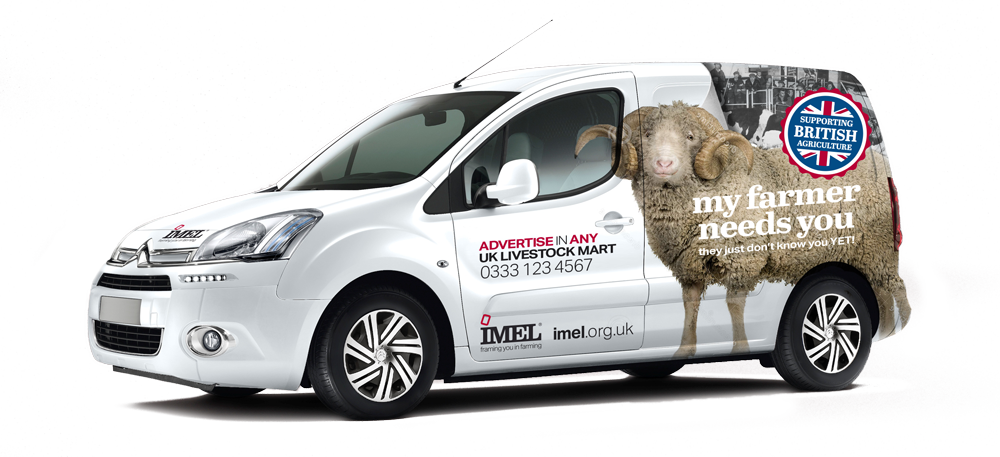 A white van with an advertisement on its side featuring a farmer's sheep and a blue sticker that says support British agriculture. The text reads 'my farmer needs you, they just don’t know you YET!'