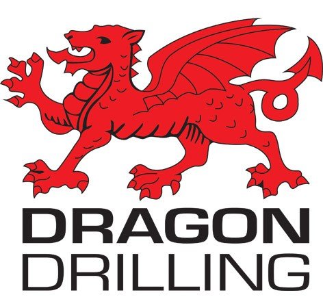 Red cartoon dragon with wings and sharp claws, above the words 'Dragon Drilling' in bold black text.