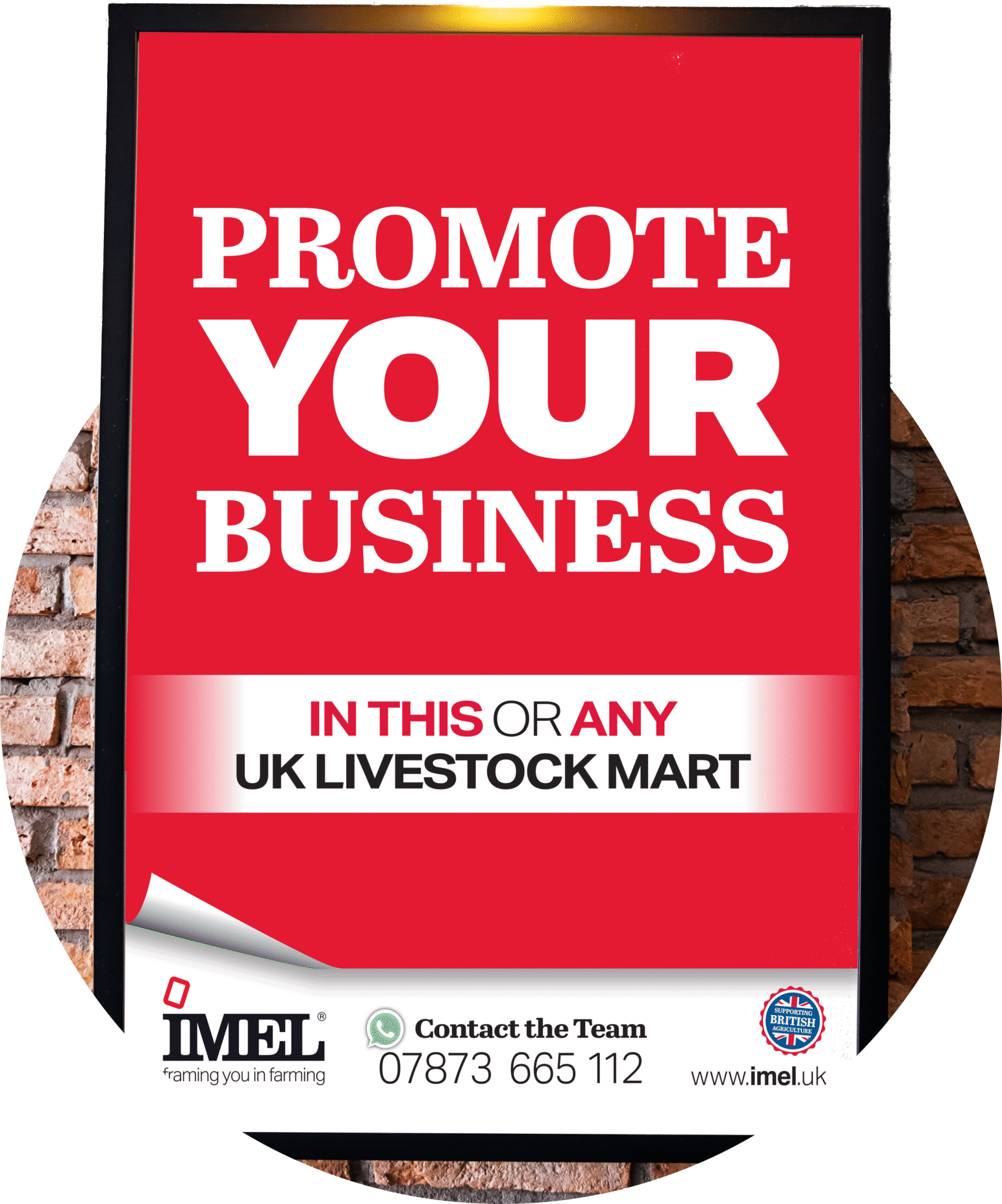 Promotional sign for a livestock market advertising in any UK Livestock Mart with contact details and logos.
