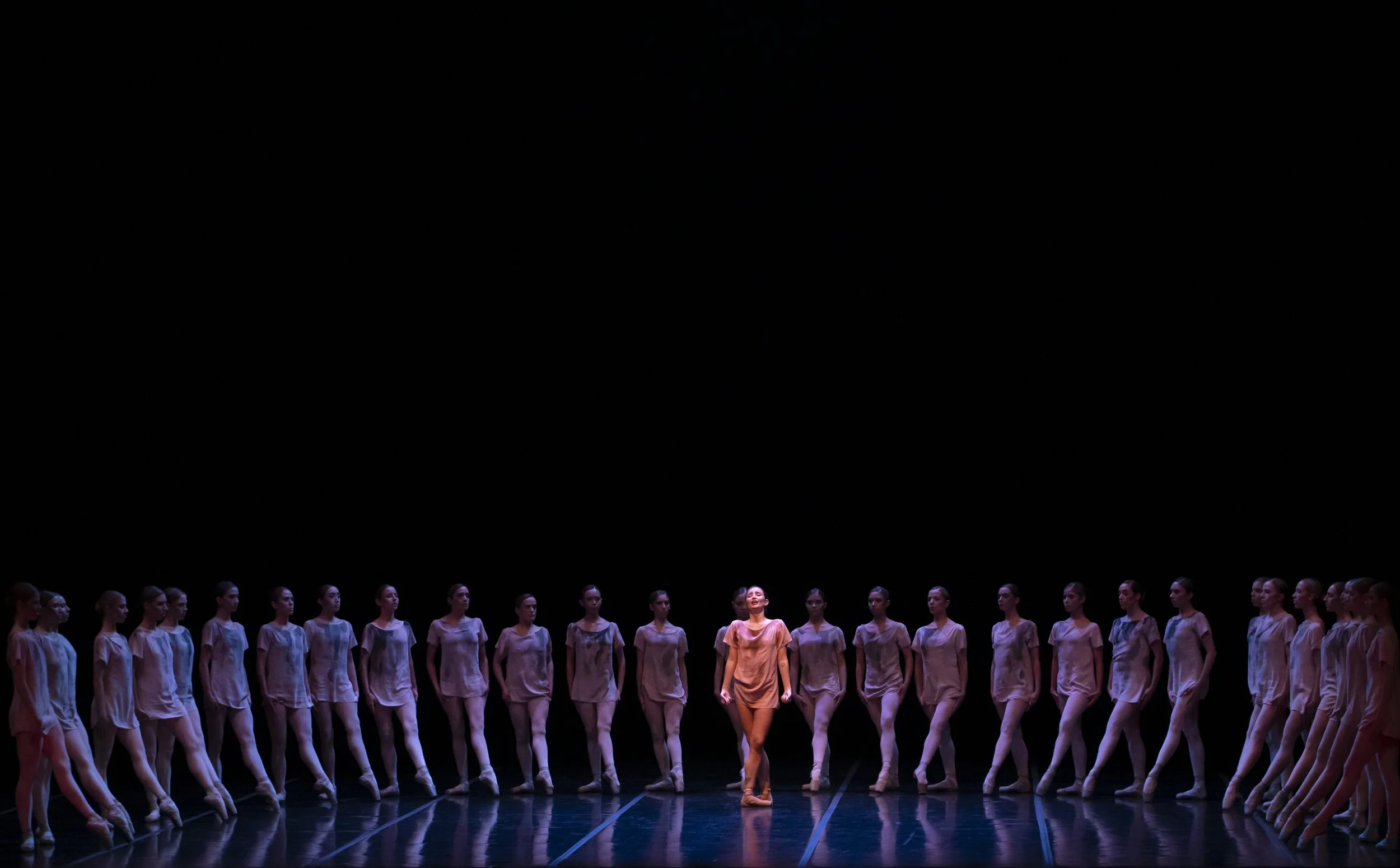 A group of ballet dancers standing in a row on stage, with a spotlight illuminating one dancer in the center.
