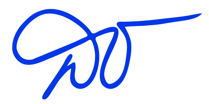Blue handwritten initials of choreographer Demis Volpi.