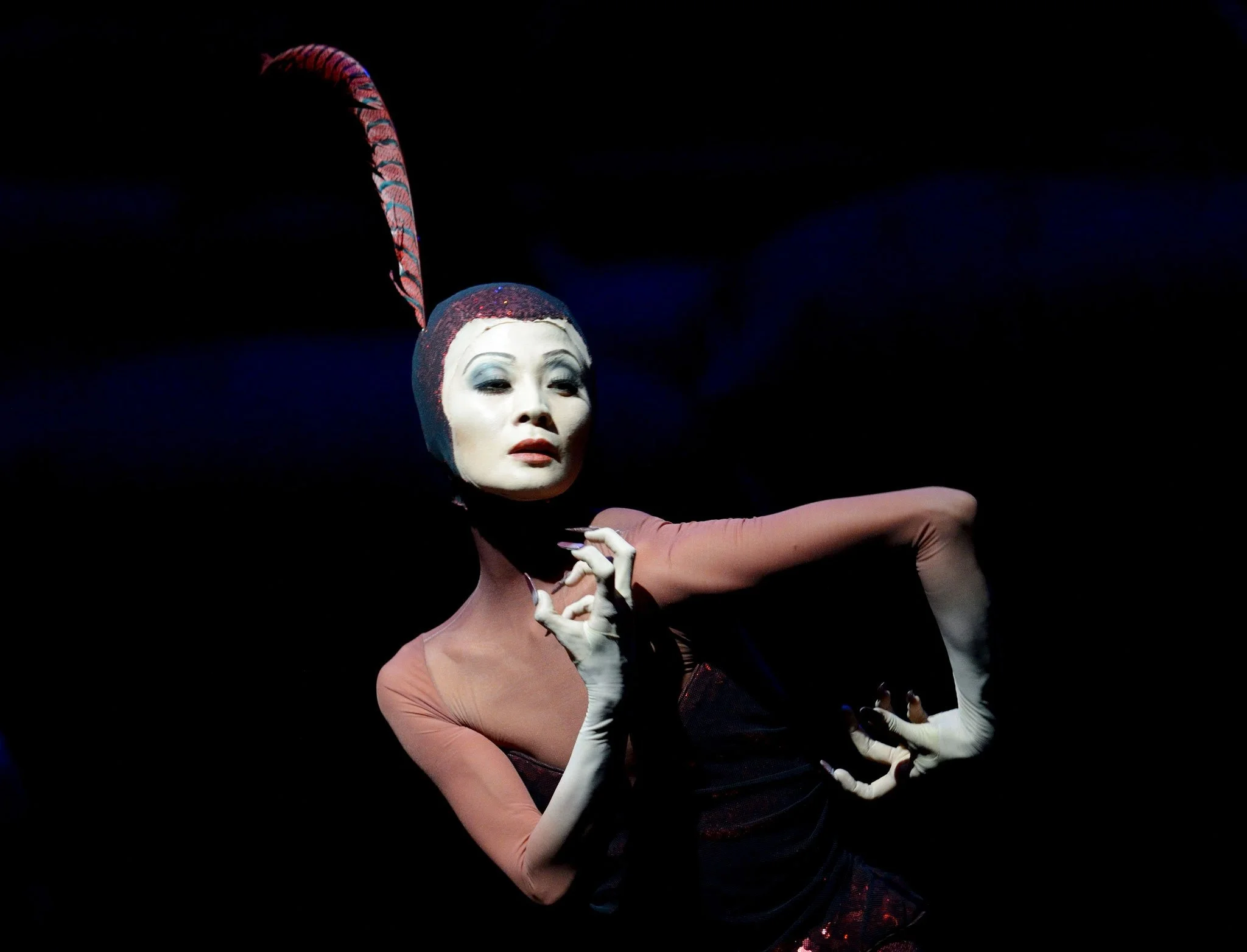 A dancer with a painted face wearing a costume with a feathered headpiece, performing against a black background.