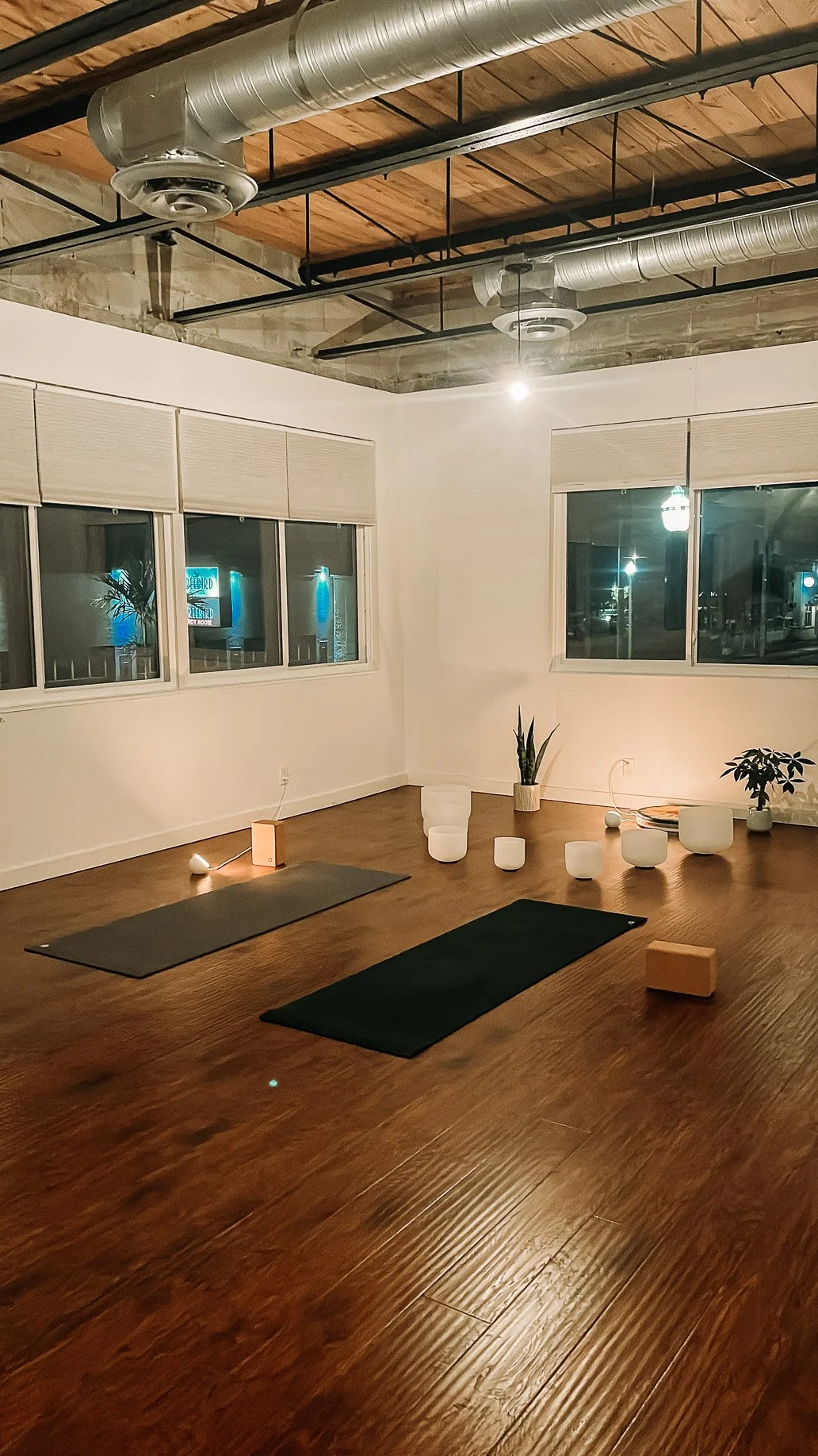 Empty yoga studio with wooden floors, two black yoga mats, plants, meditation bowls, and soft lighting.