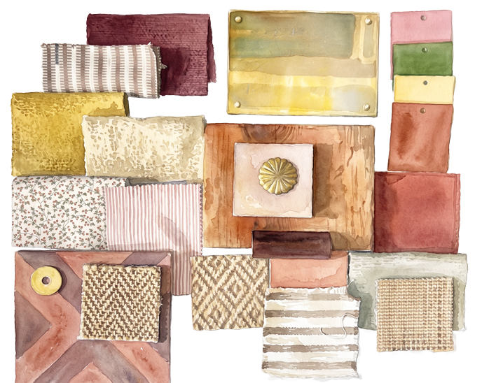 Arrangement of various fabric swatches in different colors and patterns.