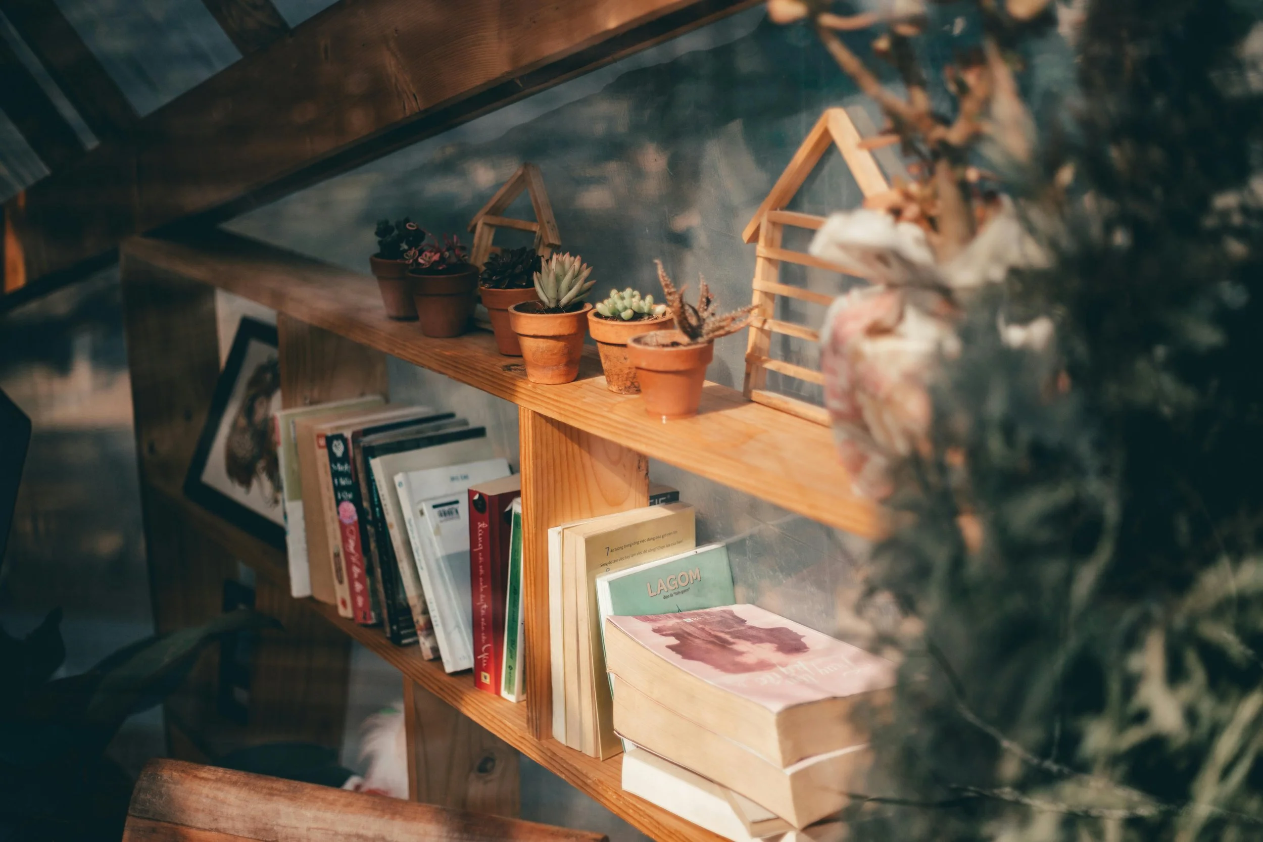 Wooden bookshelf with potted succulents and small decorative house frames on the top shelf, books on the lower shelf, and blurred plants in the foreground.
