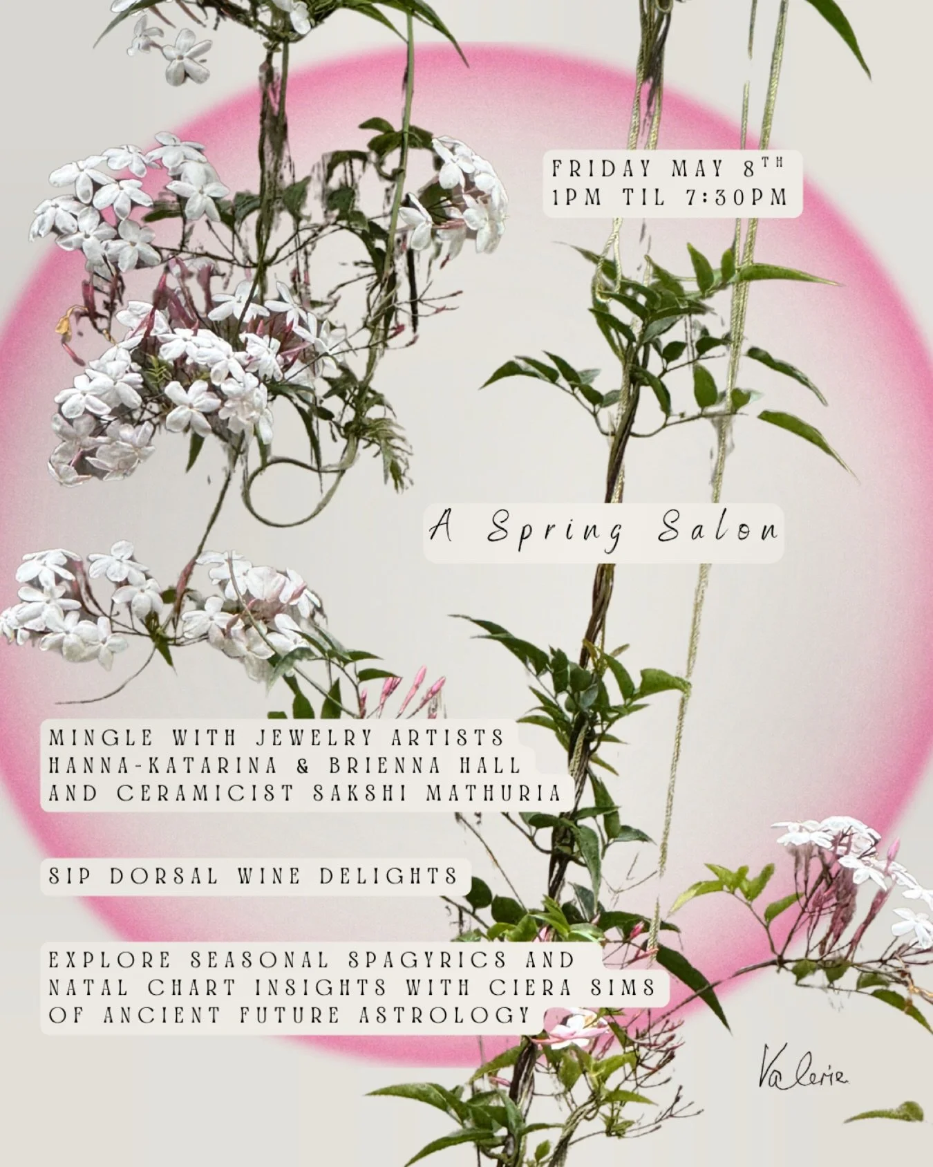 &bull;&bull;&bull; ~ s p r i n g  s a l o n ~ &bull;&bull;&bull; 
a delightful melange of dynamic individuals will be gracing the space Friday into the evening 🌬️ come mingle with the artists, dive into your natal chart, and enjoy libations from nei