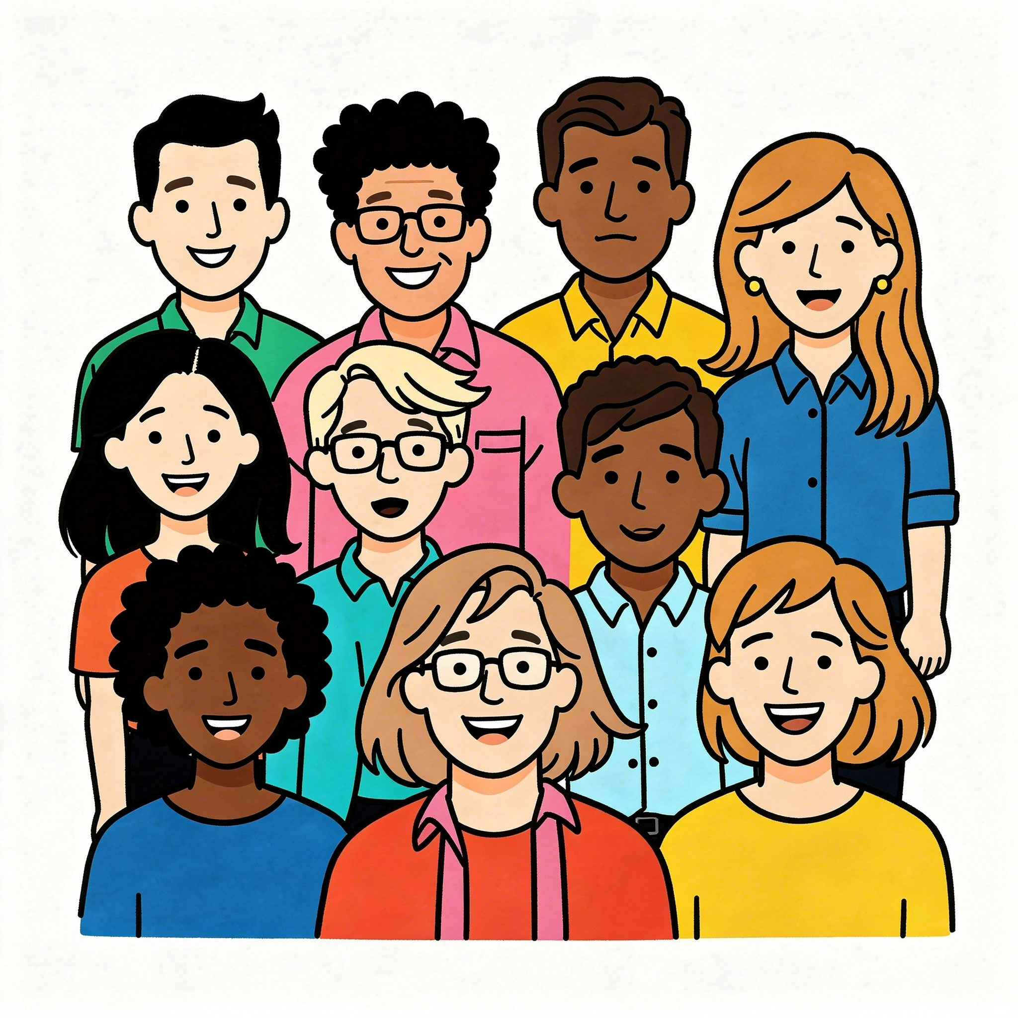 Illustration of a diverse group of 11 smiling people.