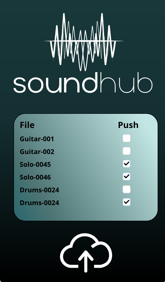 Logo of Soundhub app with an audio waveform graphic at the top, a file list with checkboxes in the center, and a cloud upload icon at the bottom.