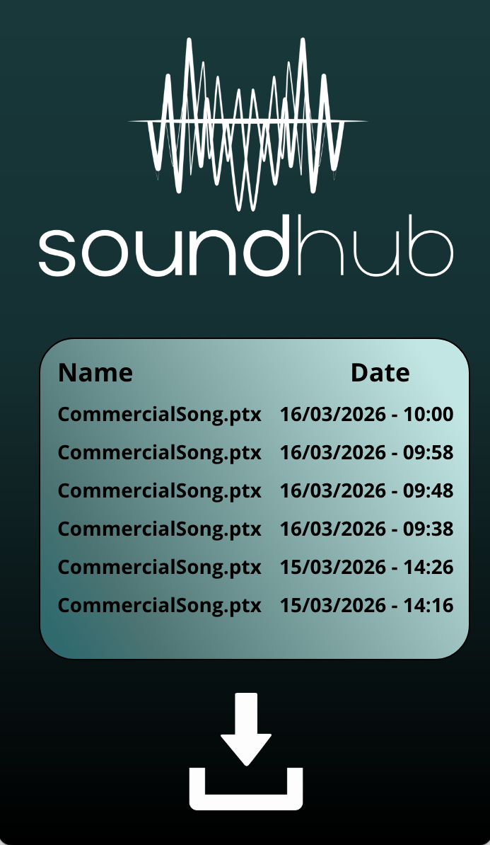 Logo for SoundHUB with a waveform graphic above and download icon below, and a list of song filenames with dates and times.