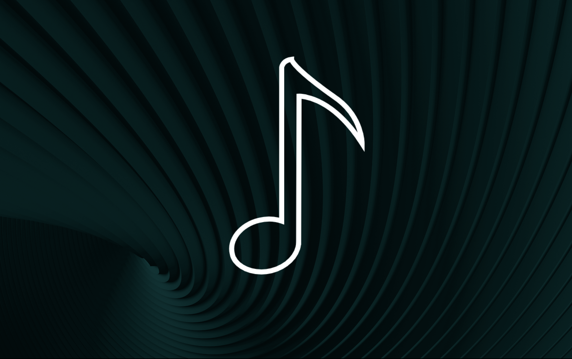 Digital graphic with a dark green wavy background and a black musical note with white outline in the center.