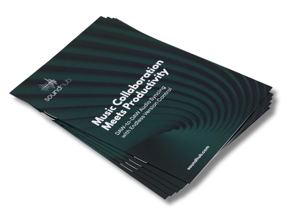 Stack of brochures titled 'Music Collaboration Meet & Production' with dark wave pattern, logo 'soundhub' and website soundhub.com.