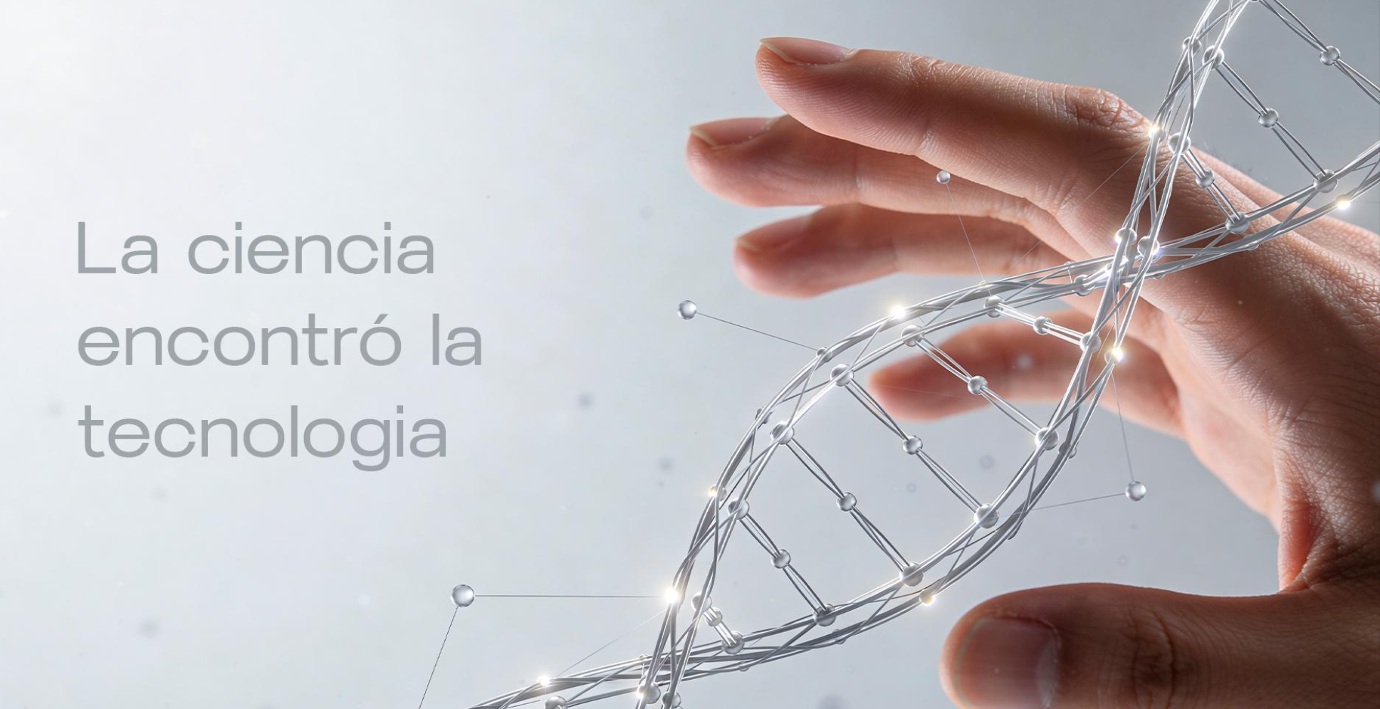Una mano señalando una estructura de ADN con puntos de conexión y líneas brillantes, junto con texto en español que dice 'La ciencia encontró la tecnología'
