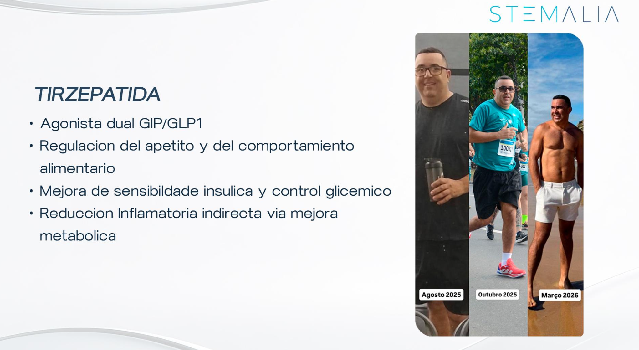 Evolución física de un hombre en diferentes meses, en agosto de 2025, octubre de 2025 y marzo de 2026, mostrando pérdida de peso y mejora física.