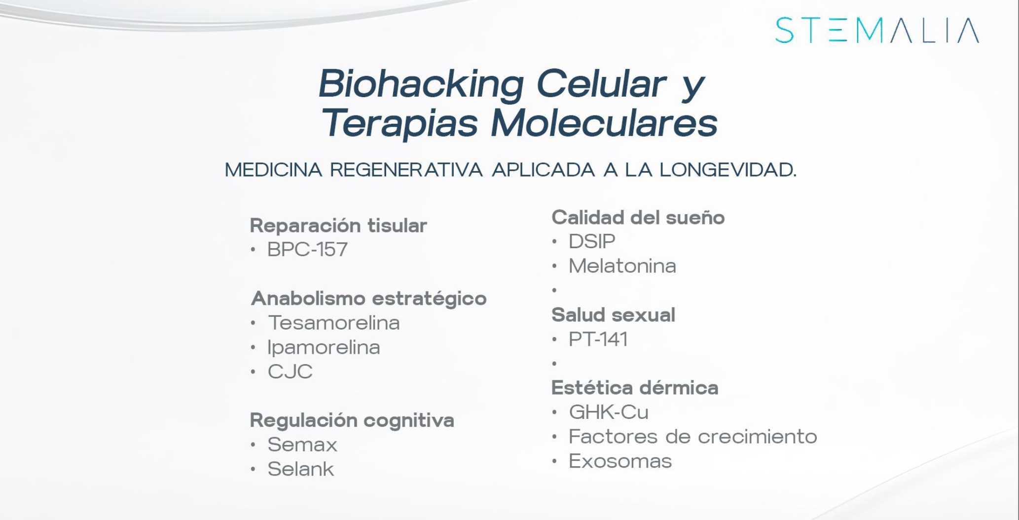 Diapositiva sobre 'Biohacking Celular y Terapias Moleculares' con títulos y puntos destacados en español sobre terapia regenerativa, reparación tisular, anabolismo, regulación cognitiva, calidad del sueño, salud sexual y estética dérmica
