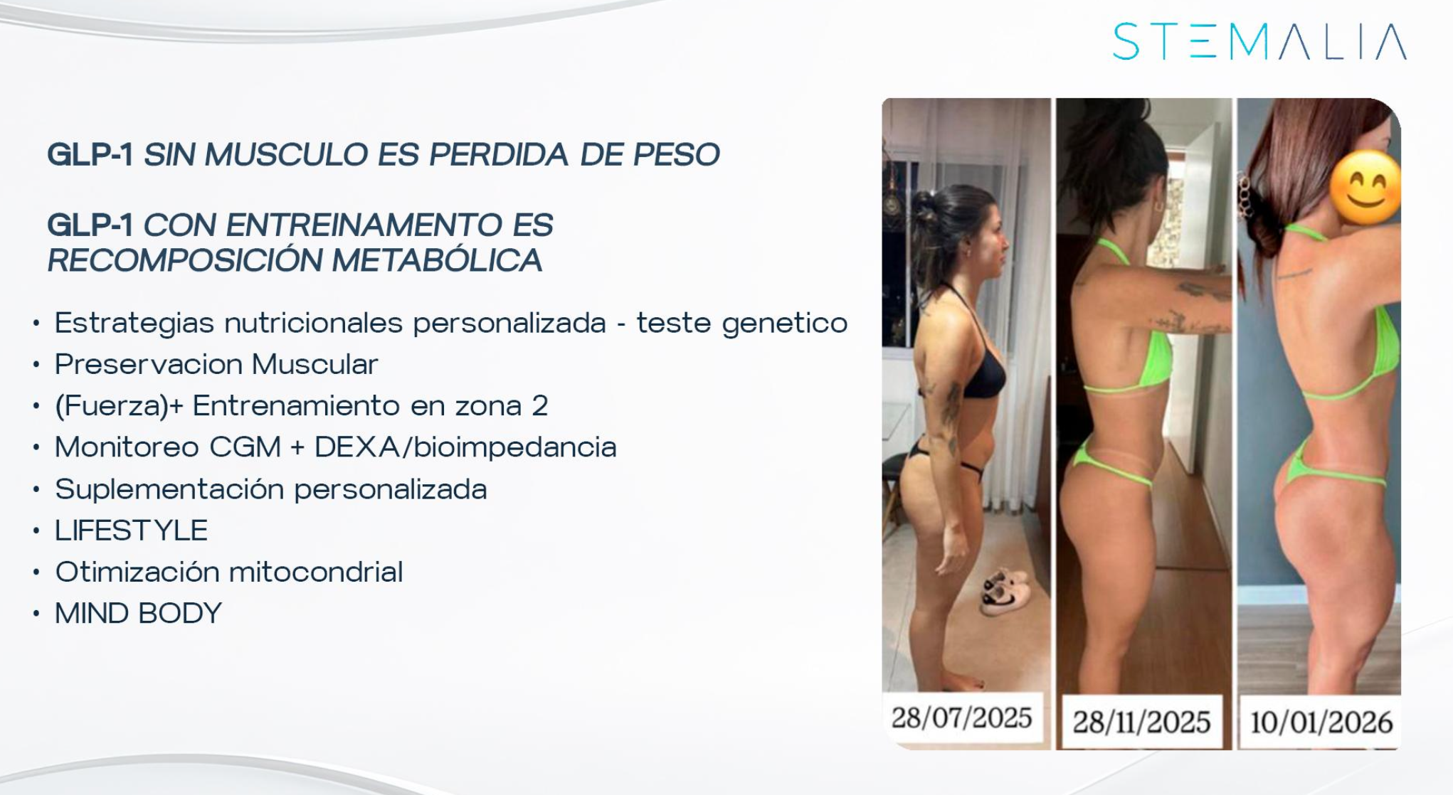 Evolución corporal antes y después de un programa de entrenamiento, con fechas 28/07/2025, 28/11/2025 y 10/01/2026, mostrando pérdida de peso y forma física. Incluye logotipo de STEMALIA y lista de beneficios del programa como nutrición personalizada