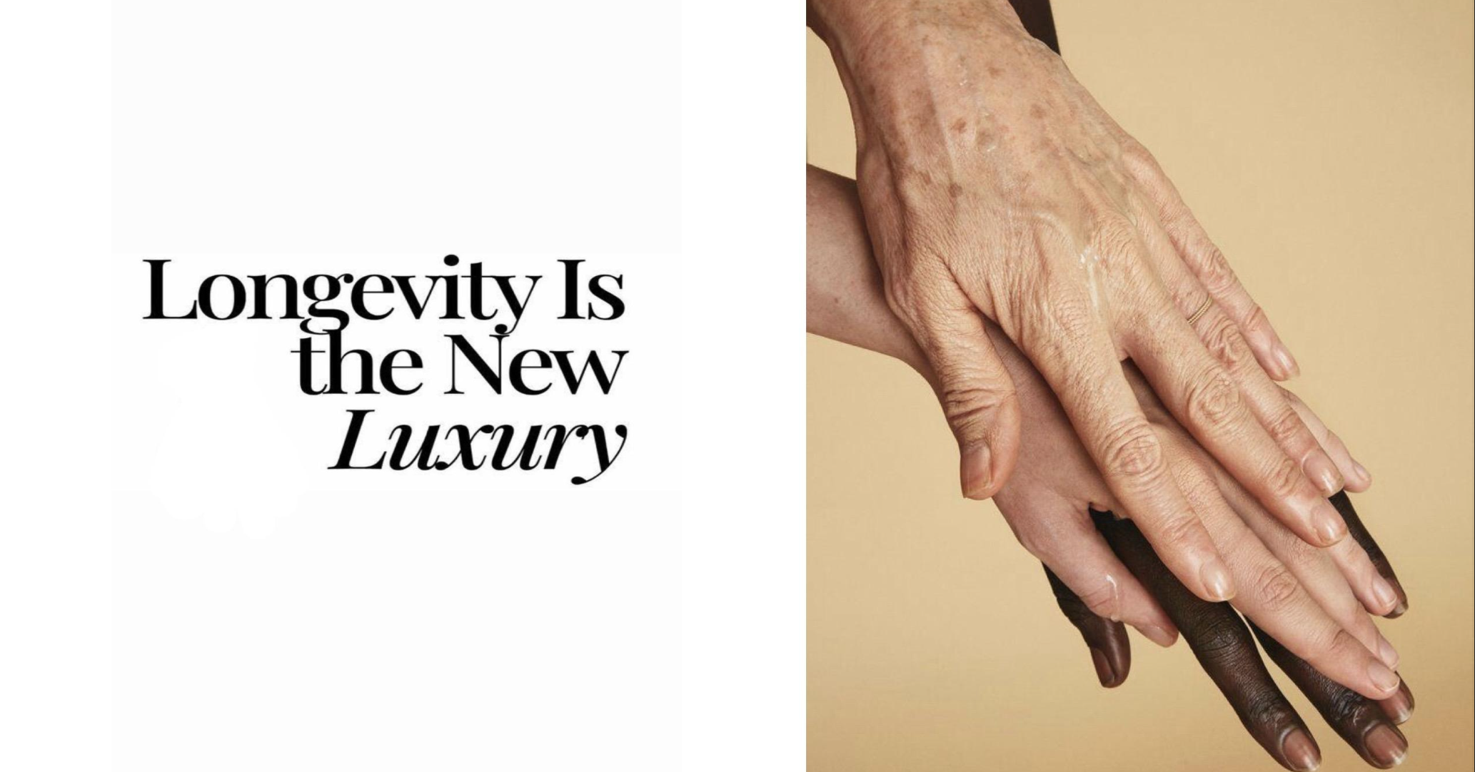 Texto en la izquierda que dice "Longevity Is the New Luxury" y en la derecha, una mano de piel envejecida y otra mano de piel más oscura, ambas acariciándose.