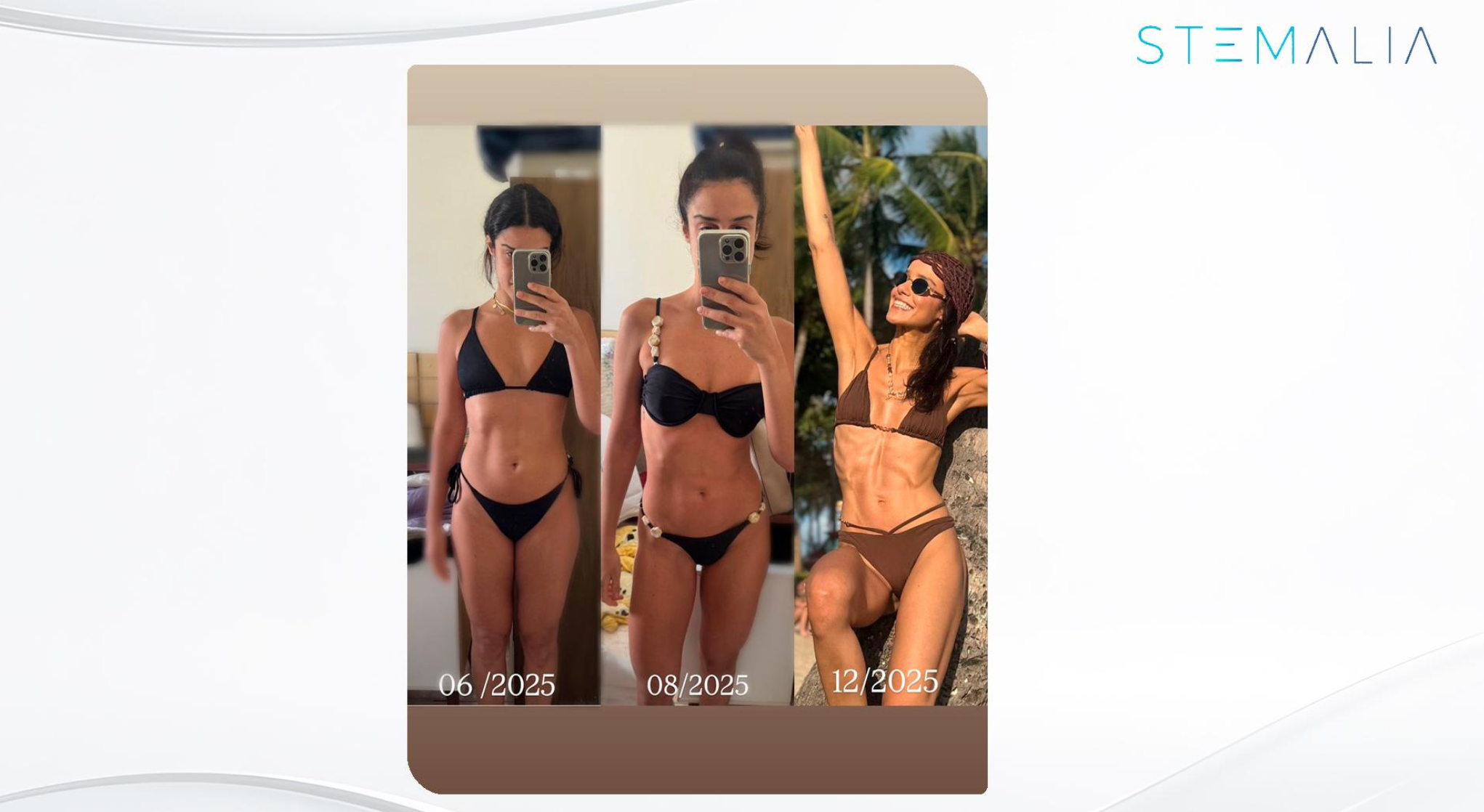 Progresión de cambios en el cuerpo de una mujer en diferentes meses del año, desde junio de 2025 hasta diciembre de 2025, mostrando diferentes estilos de trajes de baño y expresiones en diferentes ambientes.