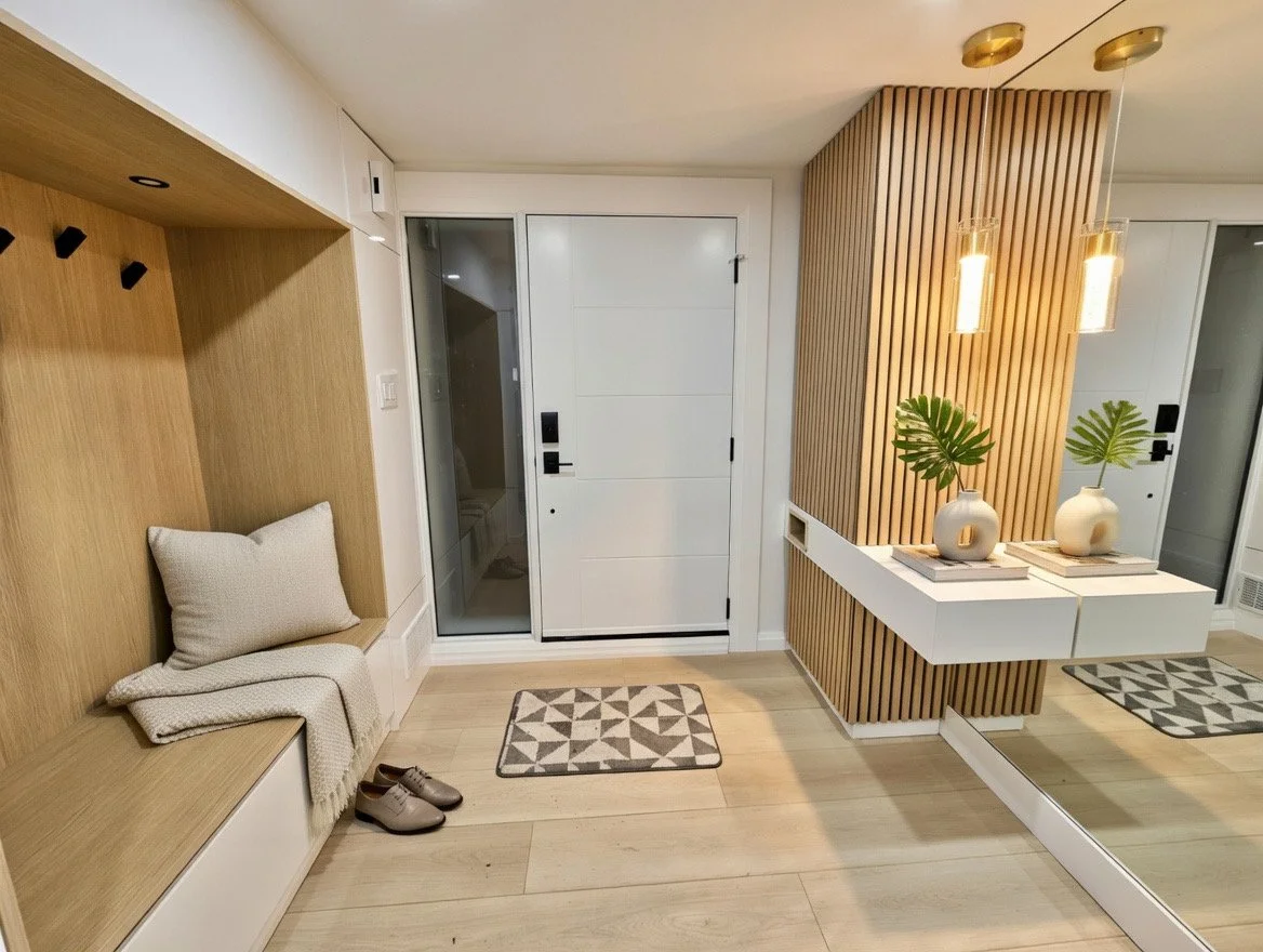 we delivered a mirror of the initial design render. the modern foyer entrance. new modern door. hidden closets and a welcoming and warm entryway