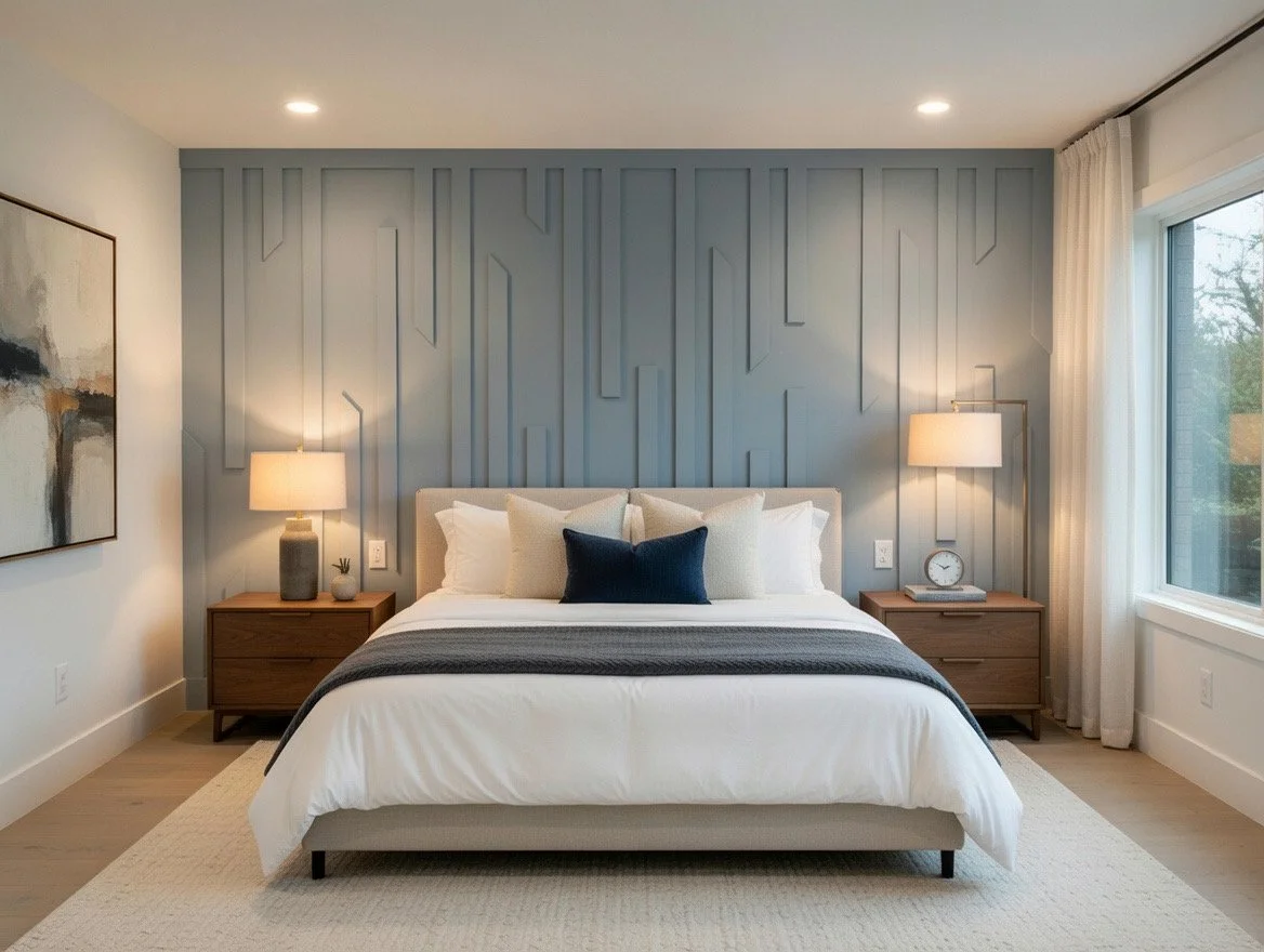 custom MDF wall panel design done by Rivendell Building Group Inc. new hardwood flooring and modern baseboards creating a warm environment