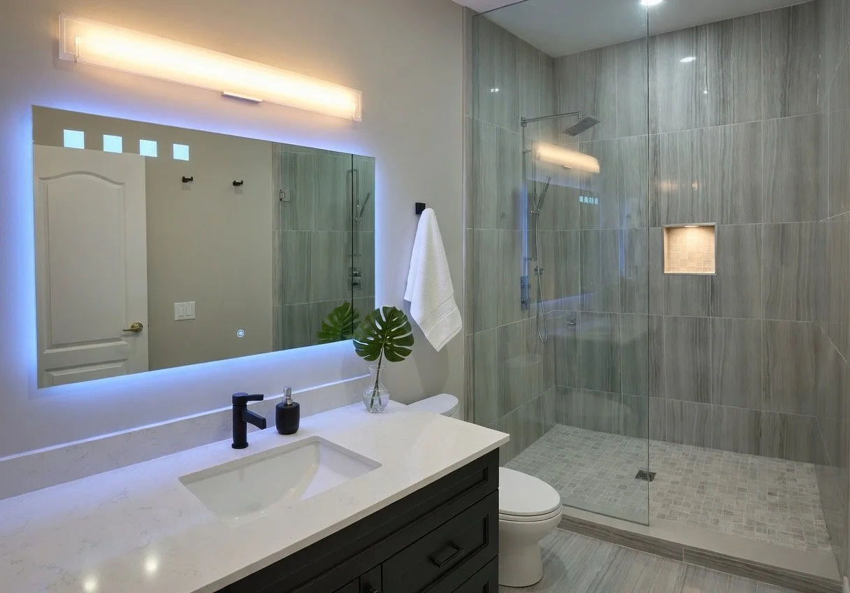 Modern bathroom with a large mirror, black vanity, white countertop, and walk-in glass shower with gray tile work.