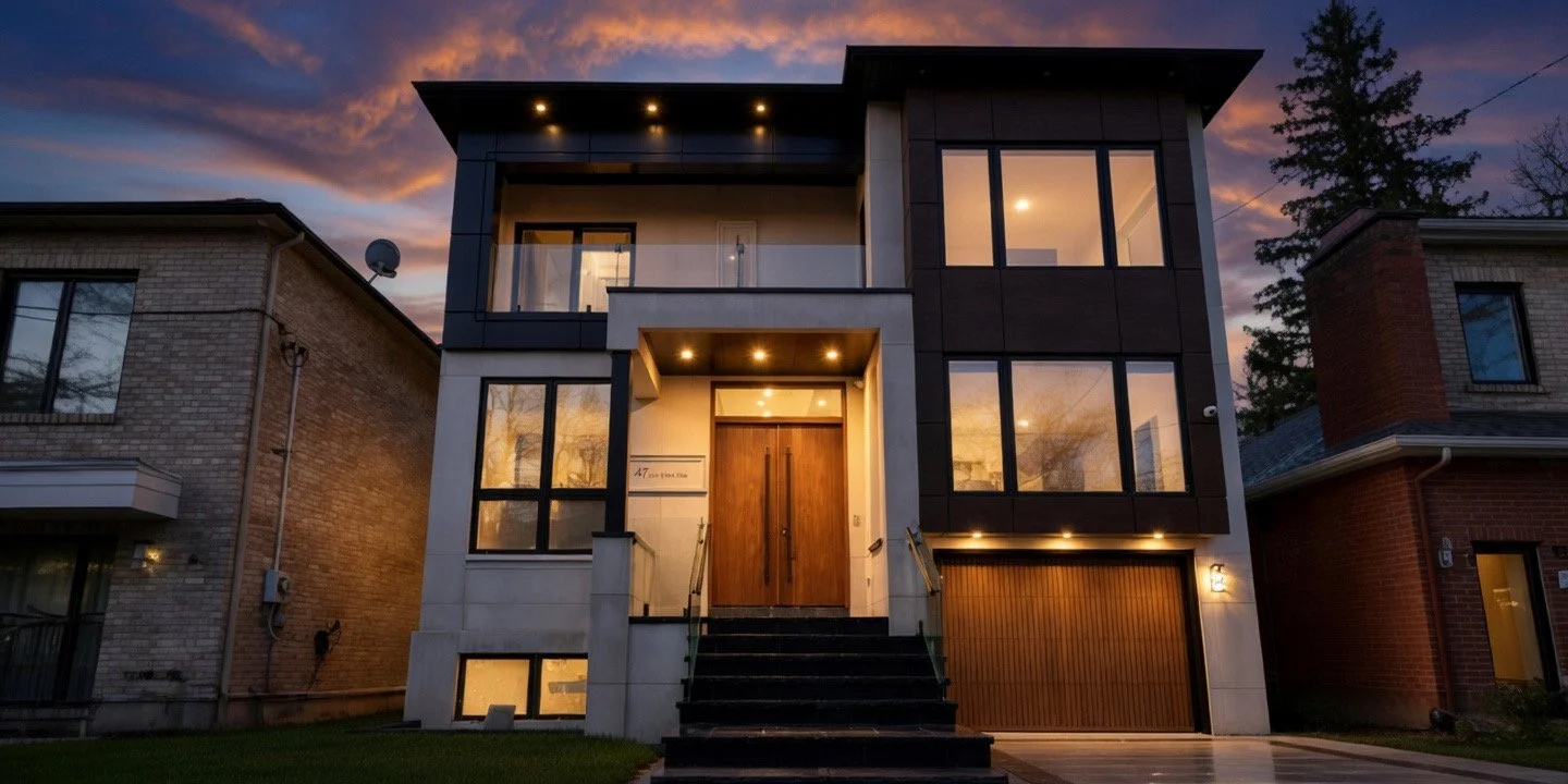 A modern, multi-story house with a large wooden front door, glass windows, and exterior lights during sunset.