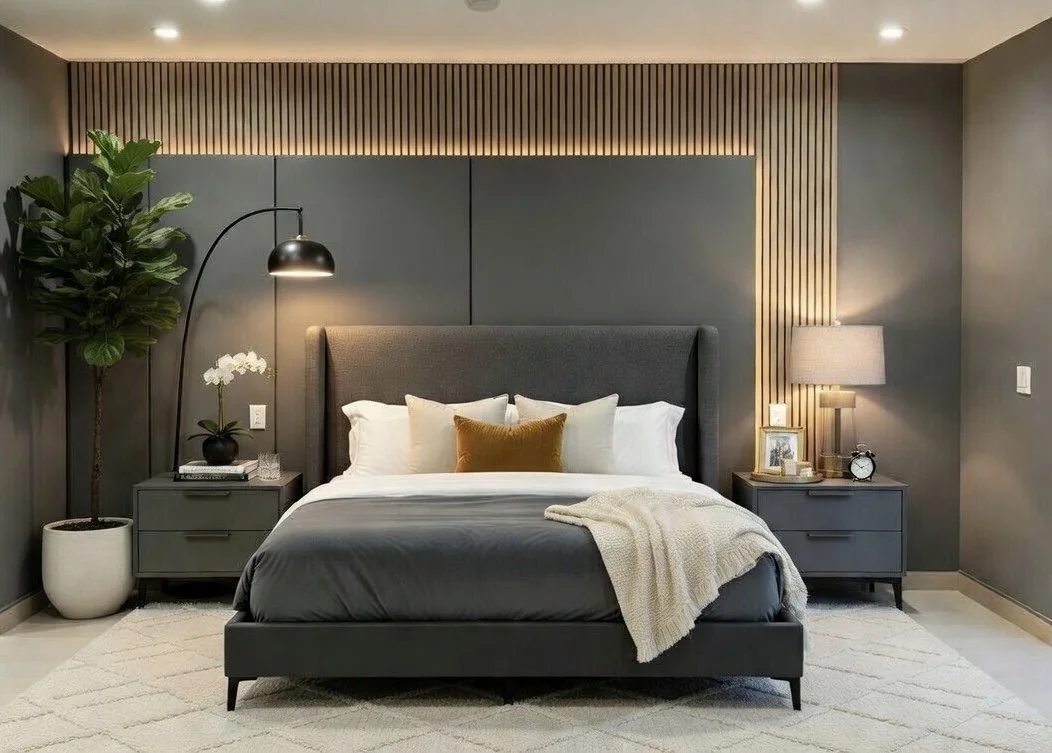 Modern bedroom with a dark gray upholstered bed, white and brown pillows, a gray blanket, and matching gray nightstands. Includes a large potted plant, a black desk lamp, a small stack of books, a potted orchid, a framed photo, and lamp on the right nightstand. The room has wooden slatted wall accents, soft lighting, and a light-colored rug.