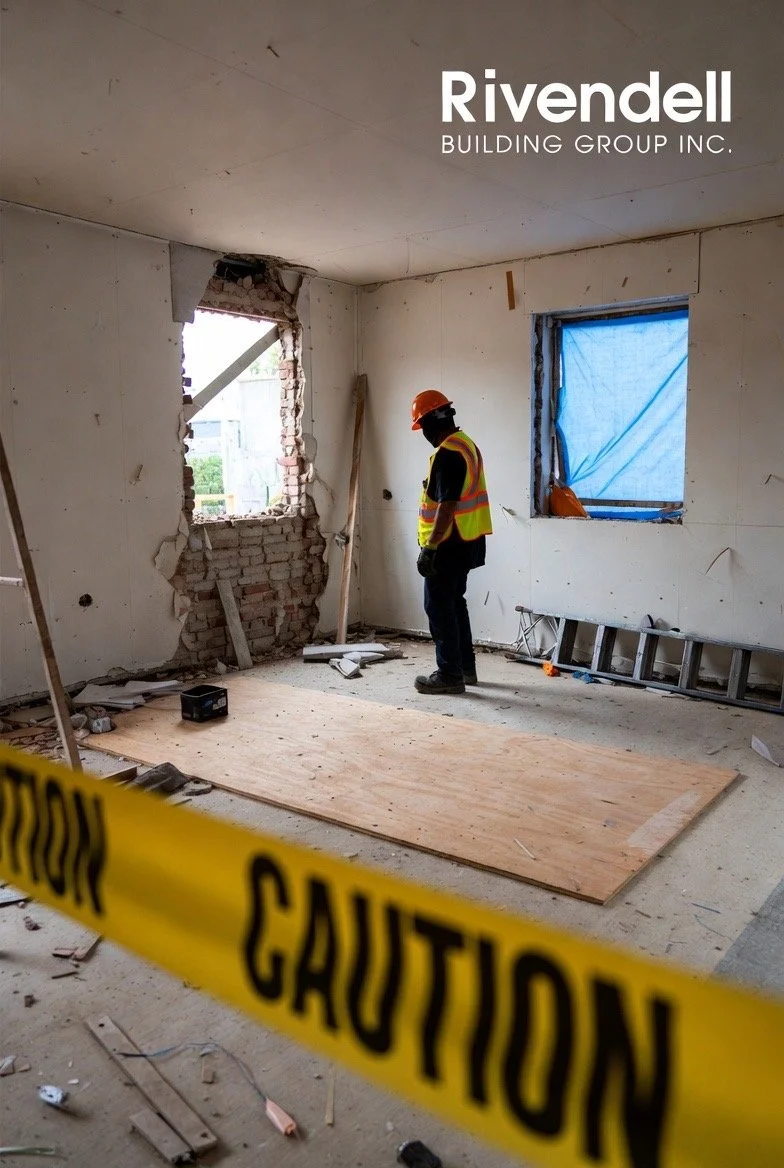 A construction worker in safety gear and helmet inside a partially built room with damaged wall, construction tools, and caution tape in the foreground.
