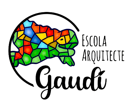 Logo featuring a colorful turtle outline made of mosaic shapes, with text in Portuguese reading 'Escola Arquitetura Gaudi' around and inside the turtle.