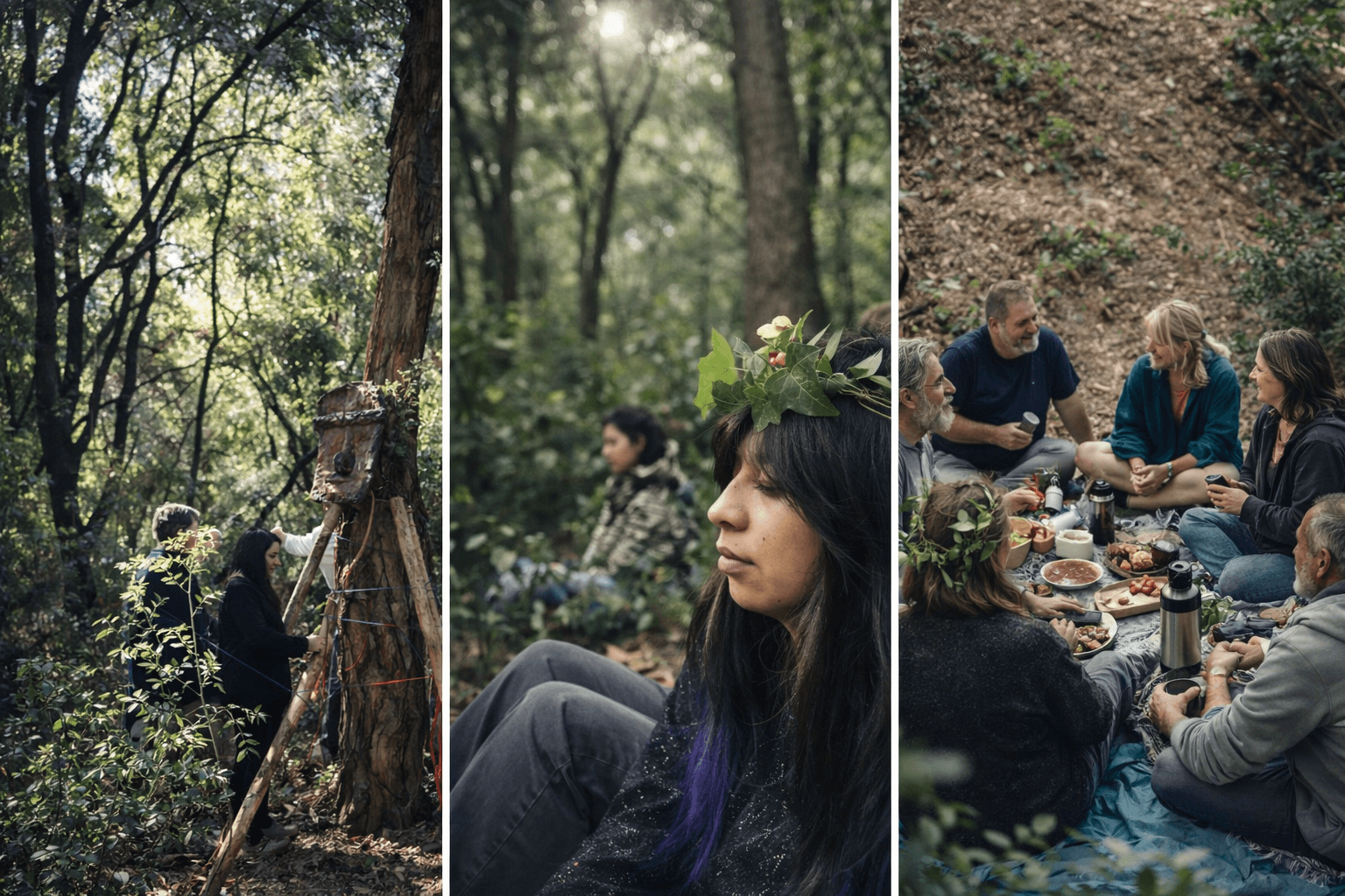 people enjoying nature: the first photo depicts people building a treehouse or fort in a wooded area, the second shows a woman with long dark hair and a leaf crown sitting on the forest floor, and the third features a group of friends having a picnic on a blanket in a cleared area of the woods.