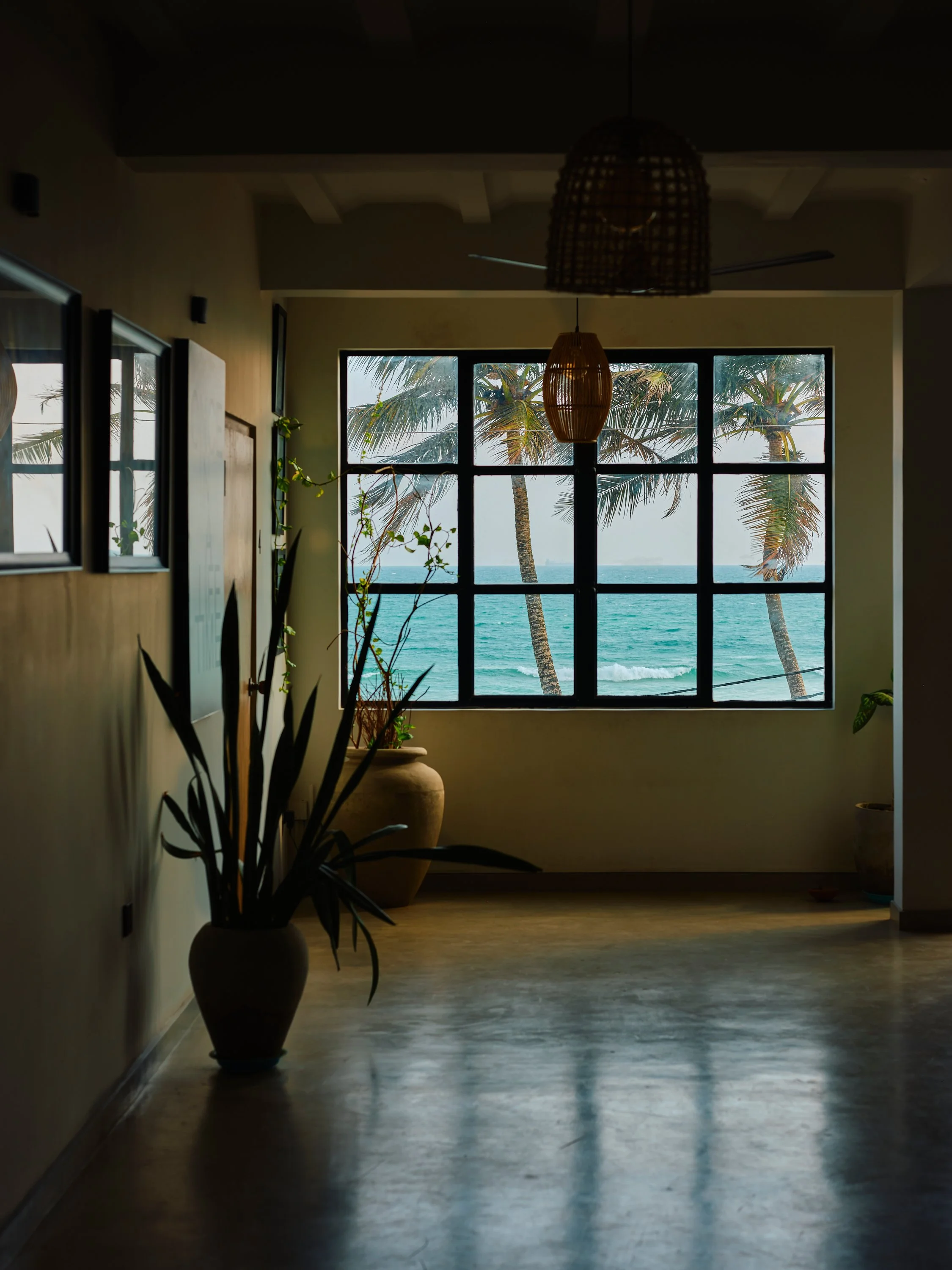 Interior room with large window overlooking the ocean, with palm trees outside. Potted plants inside, ceiling light fixtures, and minimal decor.
