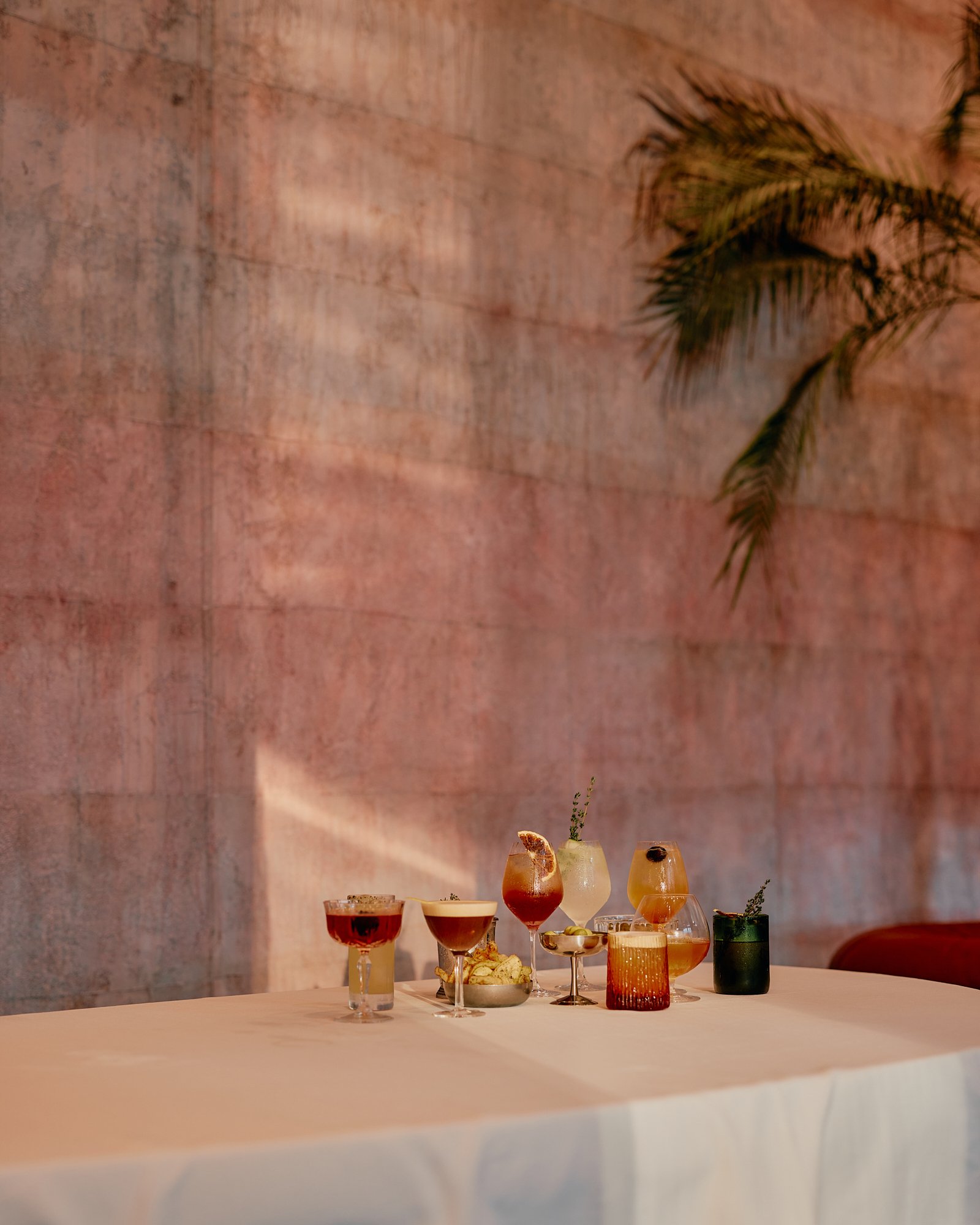 Variety of colorful cocktails on a white table against a textured pink wall, with a palm leaf shadow.