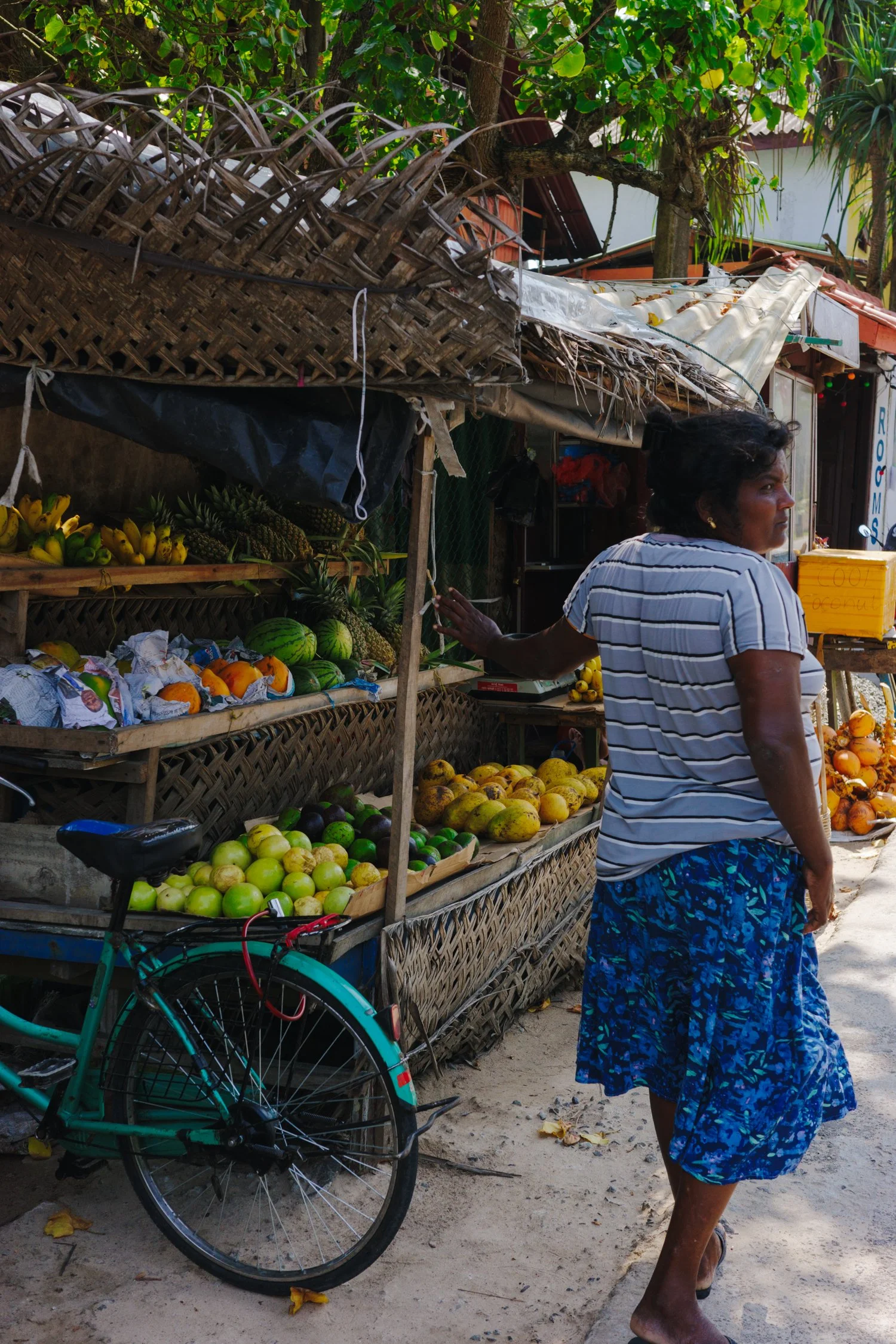 A woman standing next to a fruit stand with various tropical fruits, including bananas, pineapples, watermelons, and guavas, in an outdoor market.