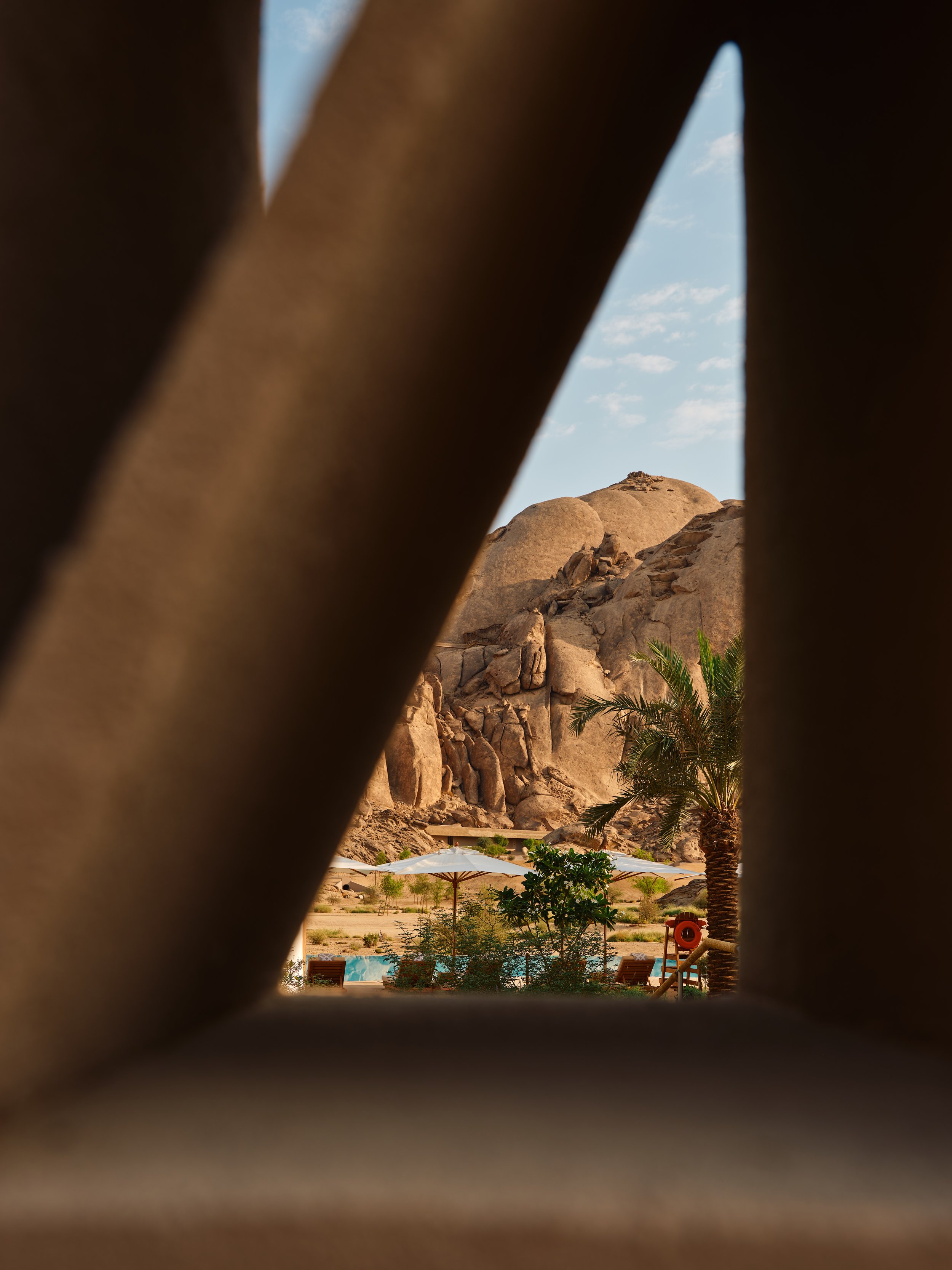 View of a desert landscape with rocky mountains, palm trees, and a swimming pool, seen through a wooden fence.
