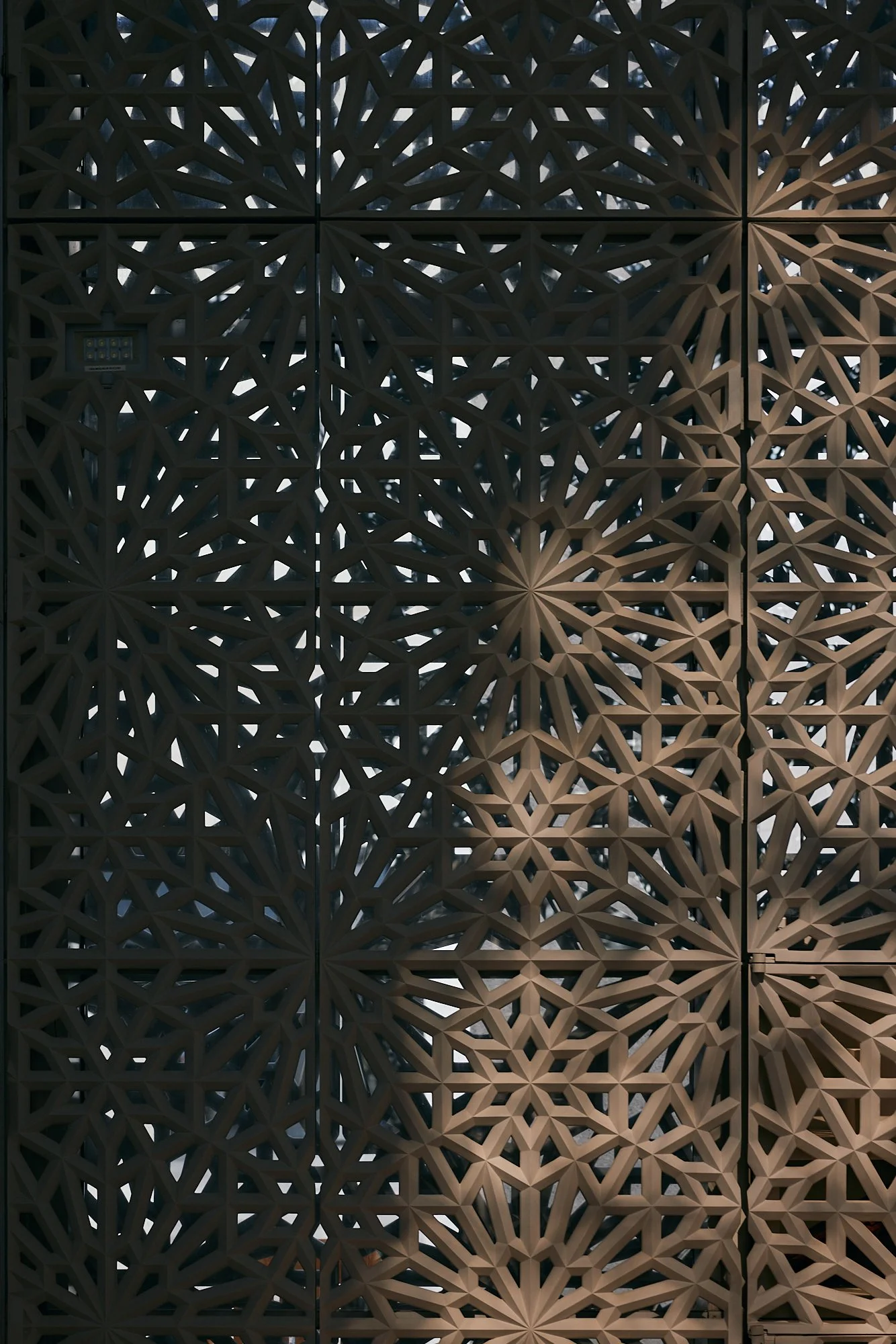Close-up image of an intricately designed geometric wooden screen with star-like patterns and openings, allowing light through.