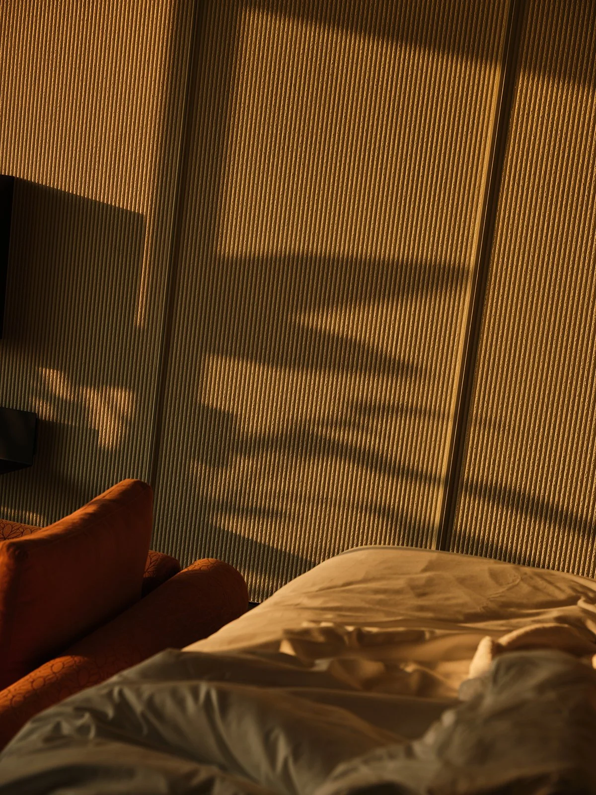 Sunlight casting shadows on a textured wall in a warm-colored room, with part of a bed and a couch visible in the foreground.