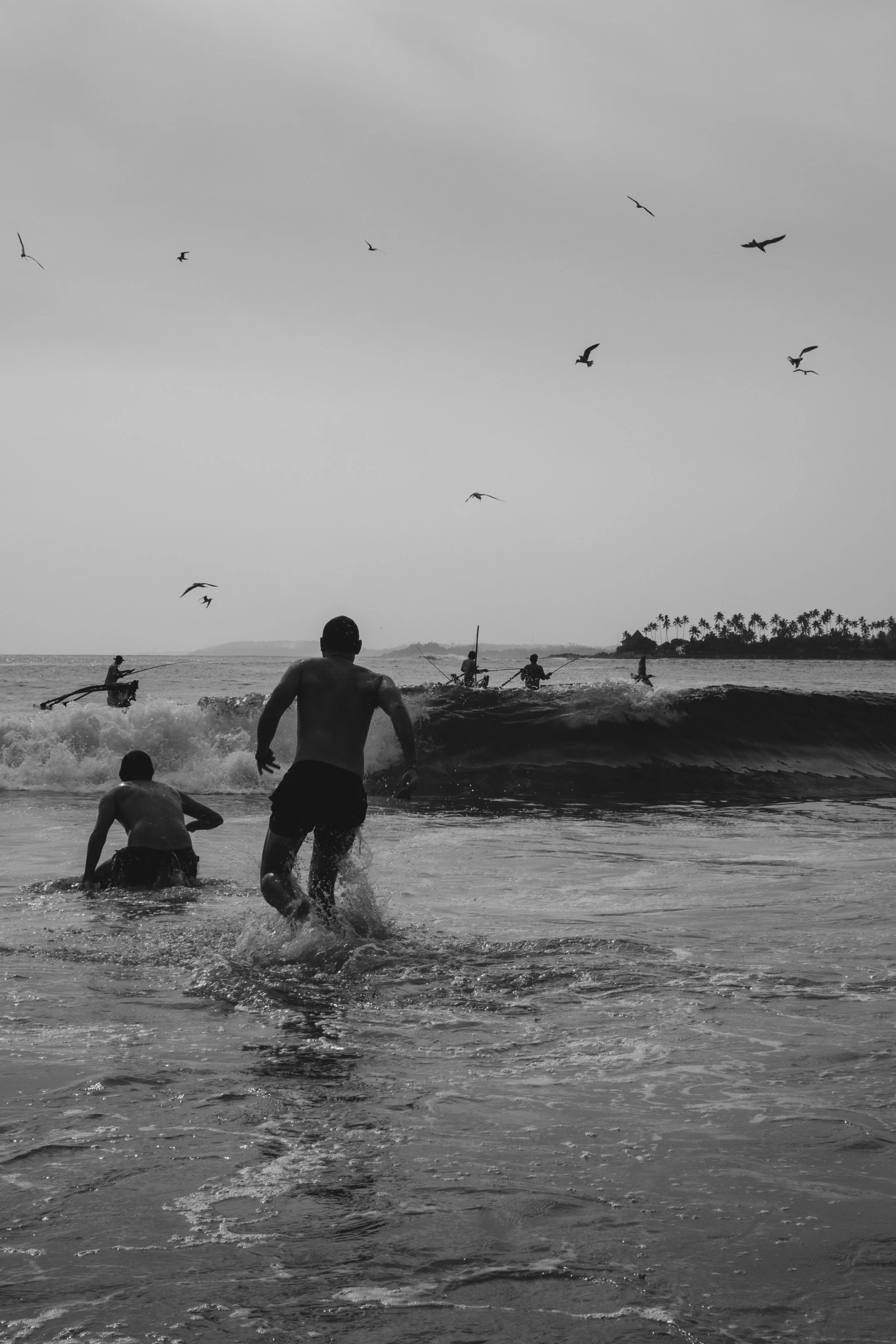 People playing and swimming at the beach, with some flying seagulls in the sky, in a black and white photo.