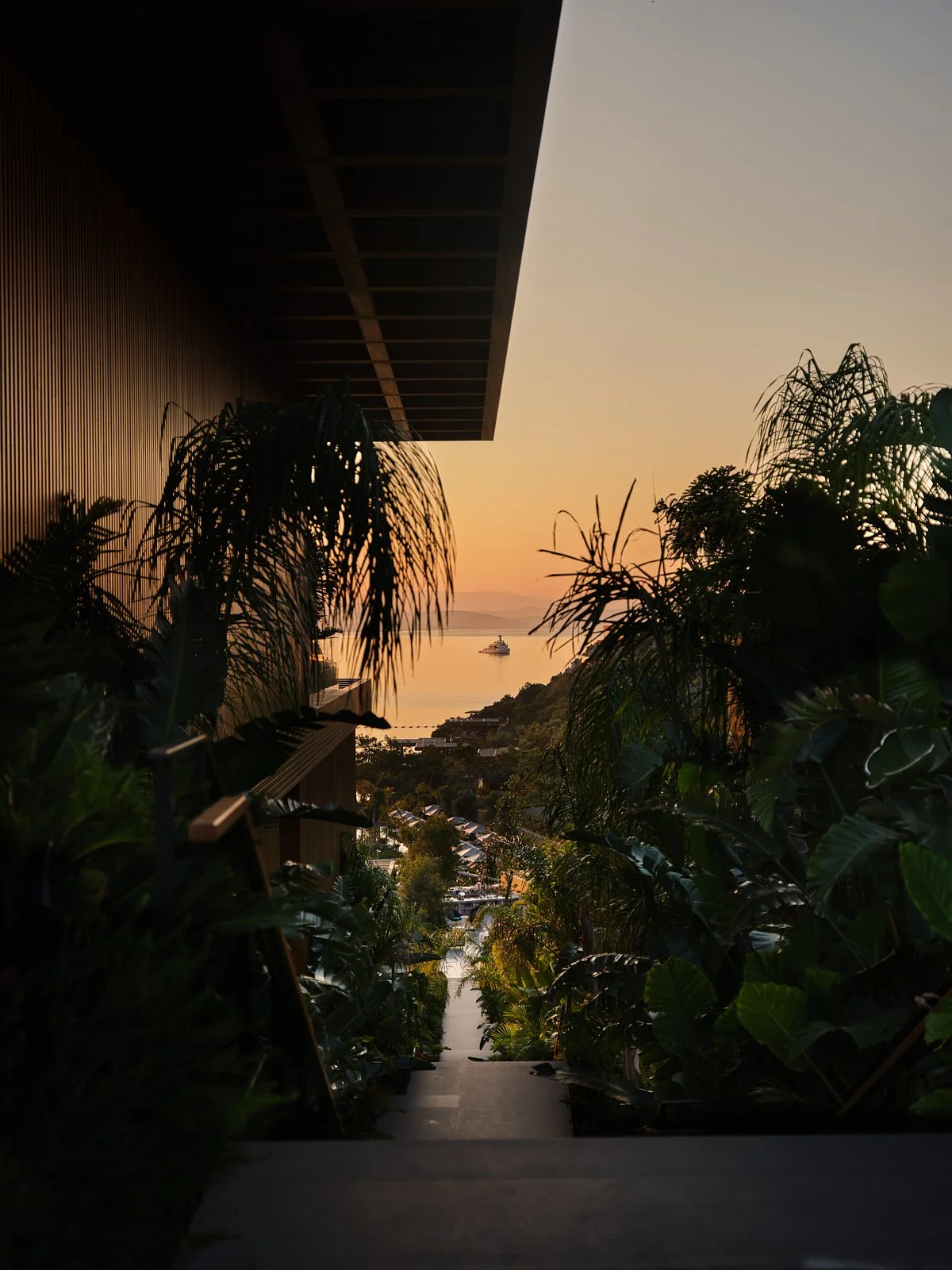 A view of a sunset over water seen from a staircase flanked by lush green plants, with a building on the left and a yacht in the distance.