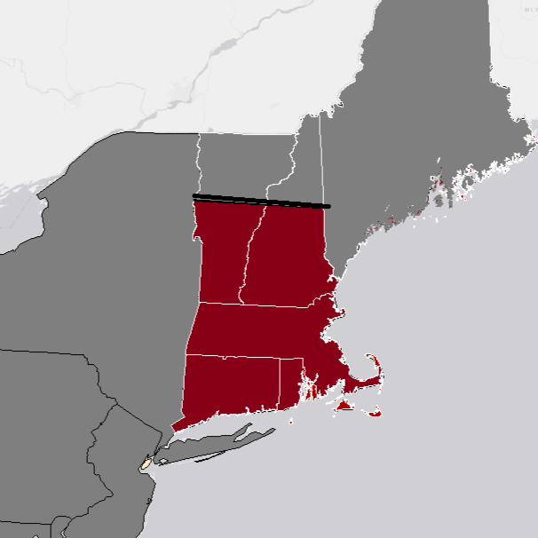 Map highlighting the New England states in red, including Maine, New Hampshire, Vermont, Massachusetts, Rhode Island, and Connecticut, with other states in gray.