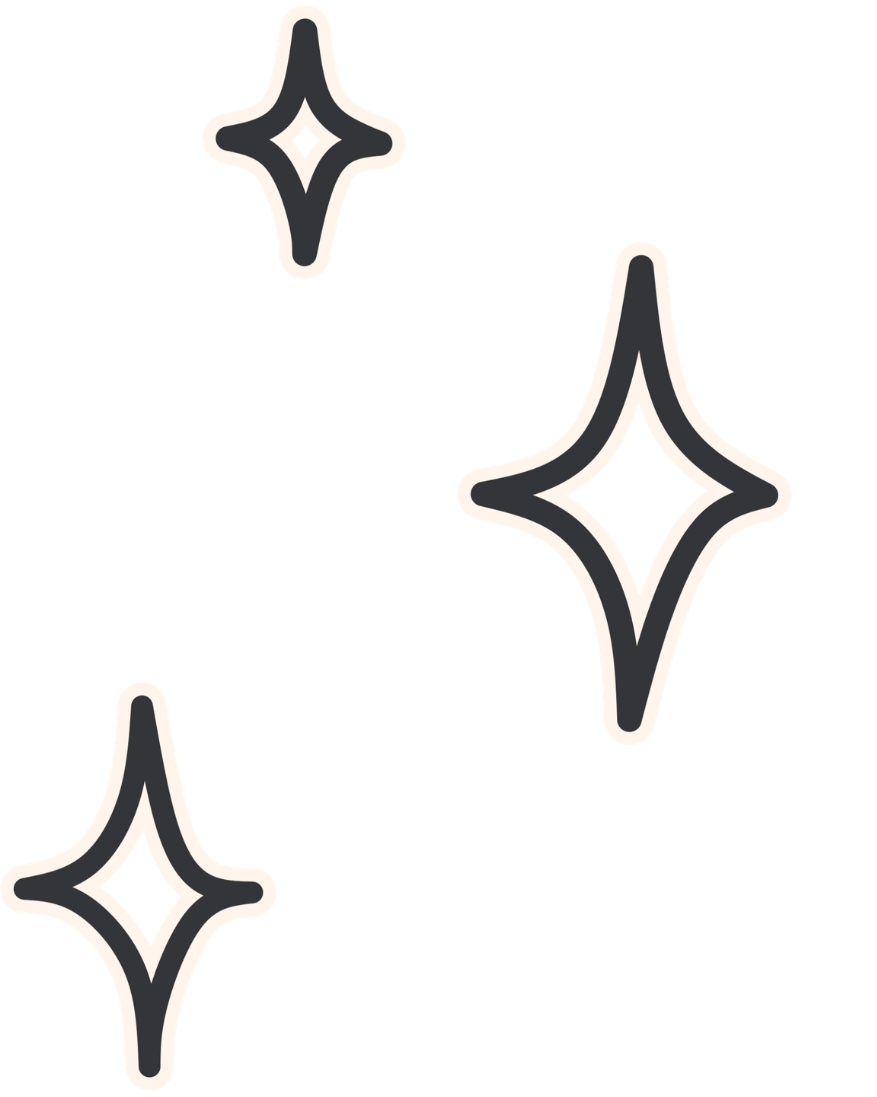 Stylized black and white star-shaped sparkles on a transparent background.