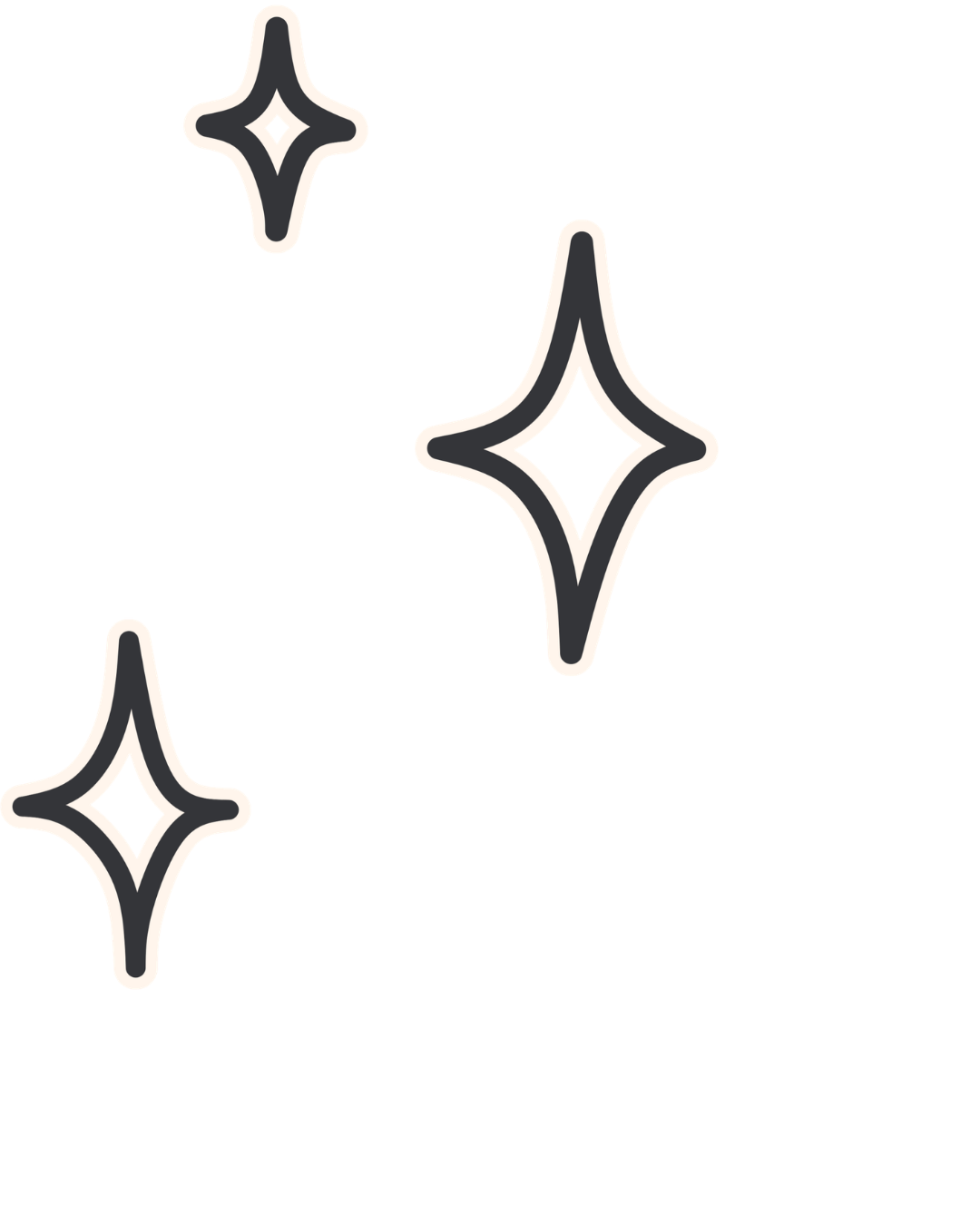 Three white outlined starburst shapes on a black background.