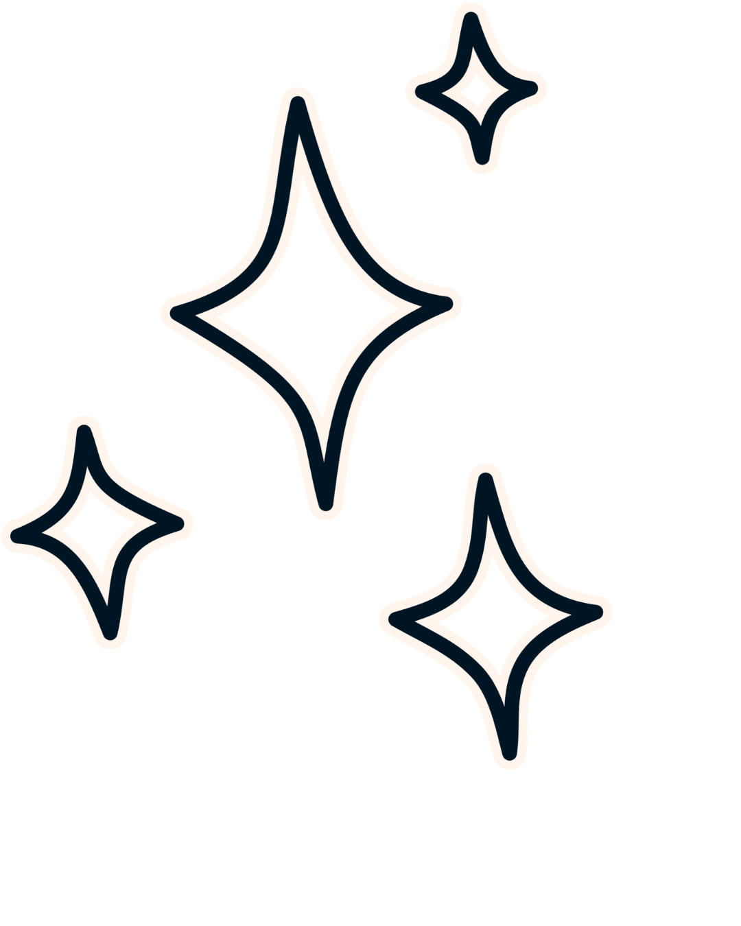 Decorative outlines of three star-shaped sparkles on a black background.