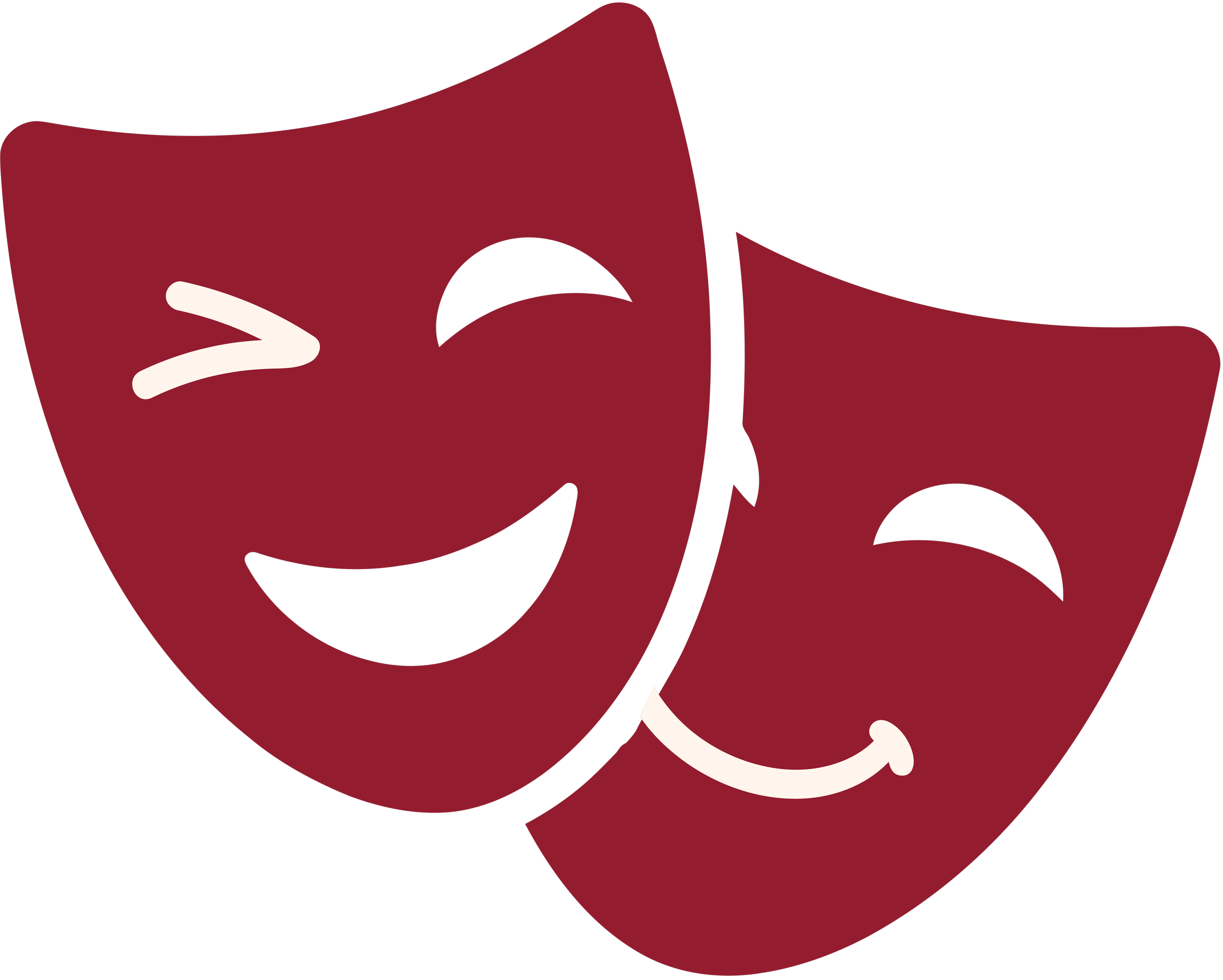 Cartoon of two red comedy and tragedy theater masks with smiling and laughing expressions against a black background.