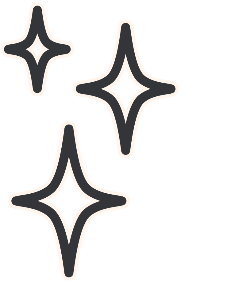 Three stylized star-like sparkles with bold outlines and a glossy appearance.