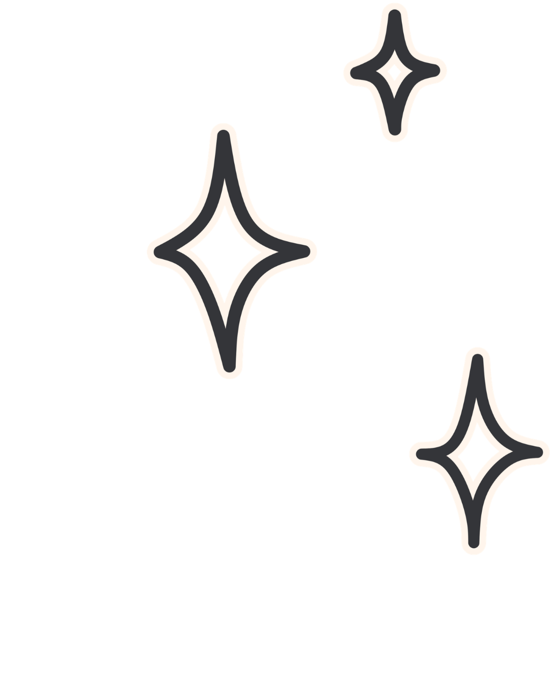 Three outlined star-shaped sparkles on a black background.