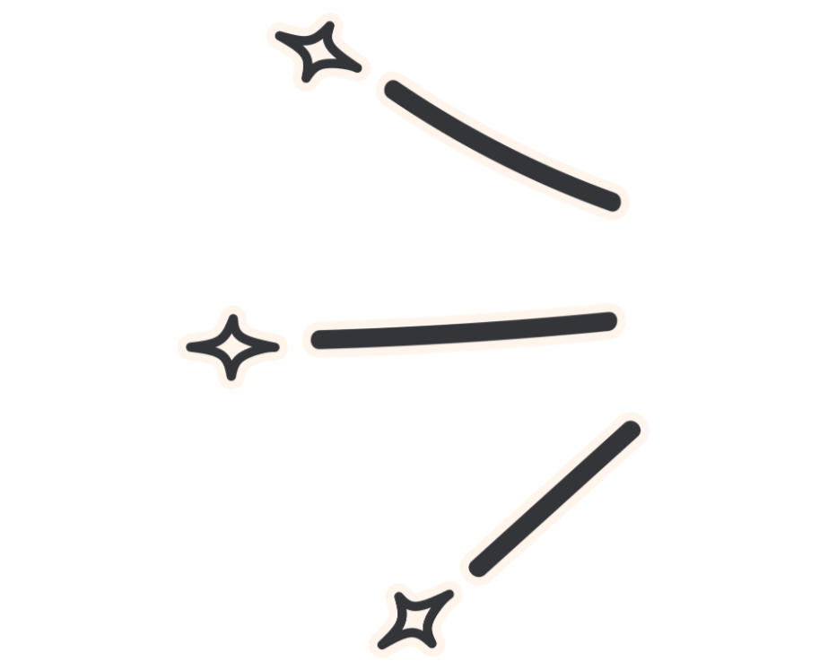 Illustration of three makeup brushes with stars near their tips, arranged vertically.