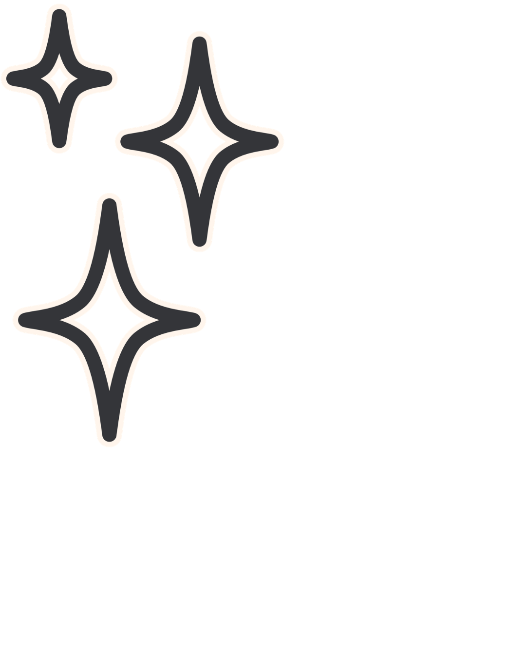 Three black and white sparkles or stars with a white outline on a transparent background.
